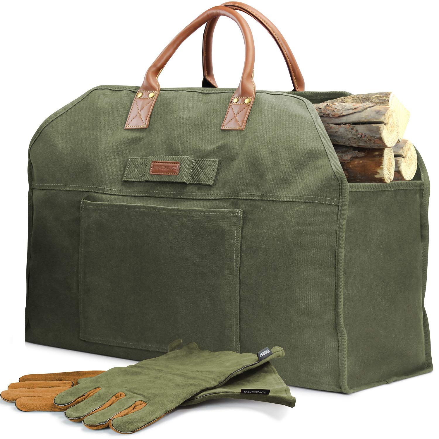 Premium Waxed Canvas Firewood Log Carrier Bag with Pure Leather Gloves - Heavy Duty Fireplace Accessories for Camping, Fireplace & Outdoor Use (Green)