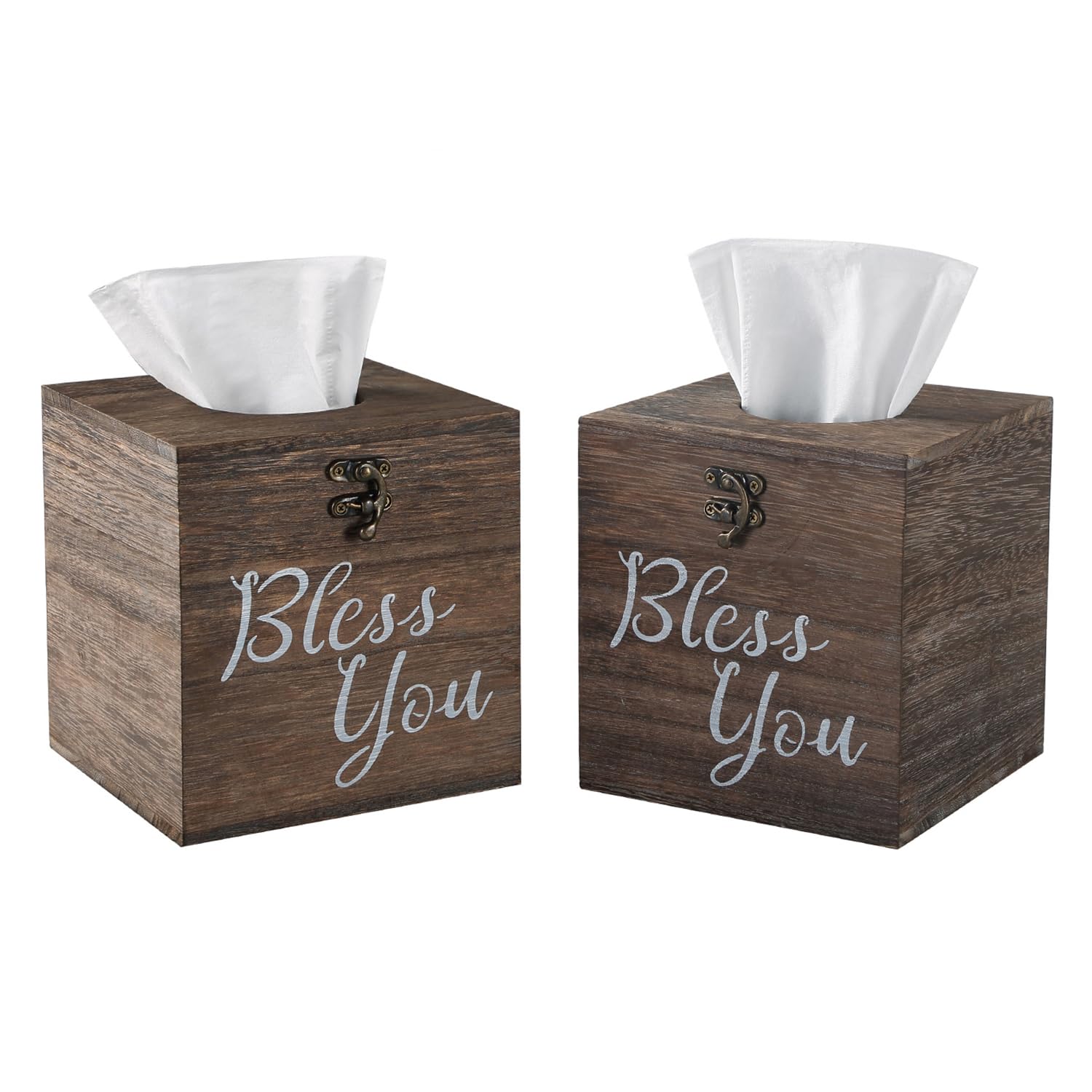 Bless You Wood Tissue Box Cover Set of 2 - Rustic White Square Tissue Box Holder, Farmhouse Style Toilet Paper or Napkin Dispenser for Bathroom, Living Room, Kitchen & Dining Table (Brown) - Perfect for Home Decor & Gift Giving