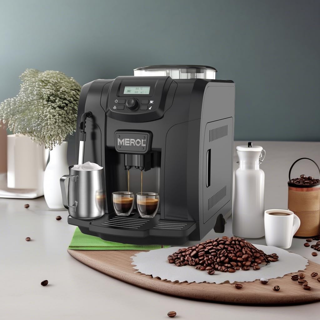 Fully Automatic Espresso Coffee Machine 19 Bar with Built-in Adjustable Grinder & Milk Frother - Perfect for Cappuccino, Latte, Macchiato - Ideal for Home Baristas & Coffee Lovers (ME-715, Black) - Great for Kitchen, Office, and Coffee Shops