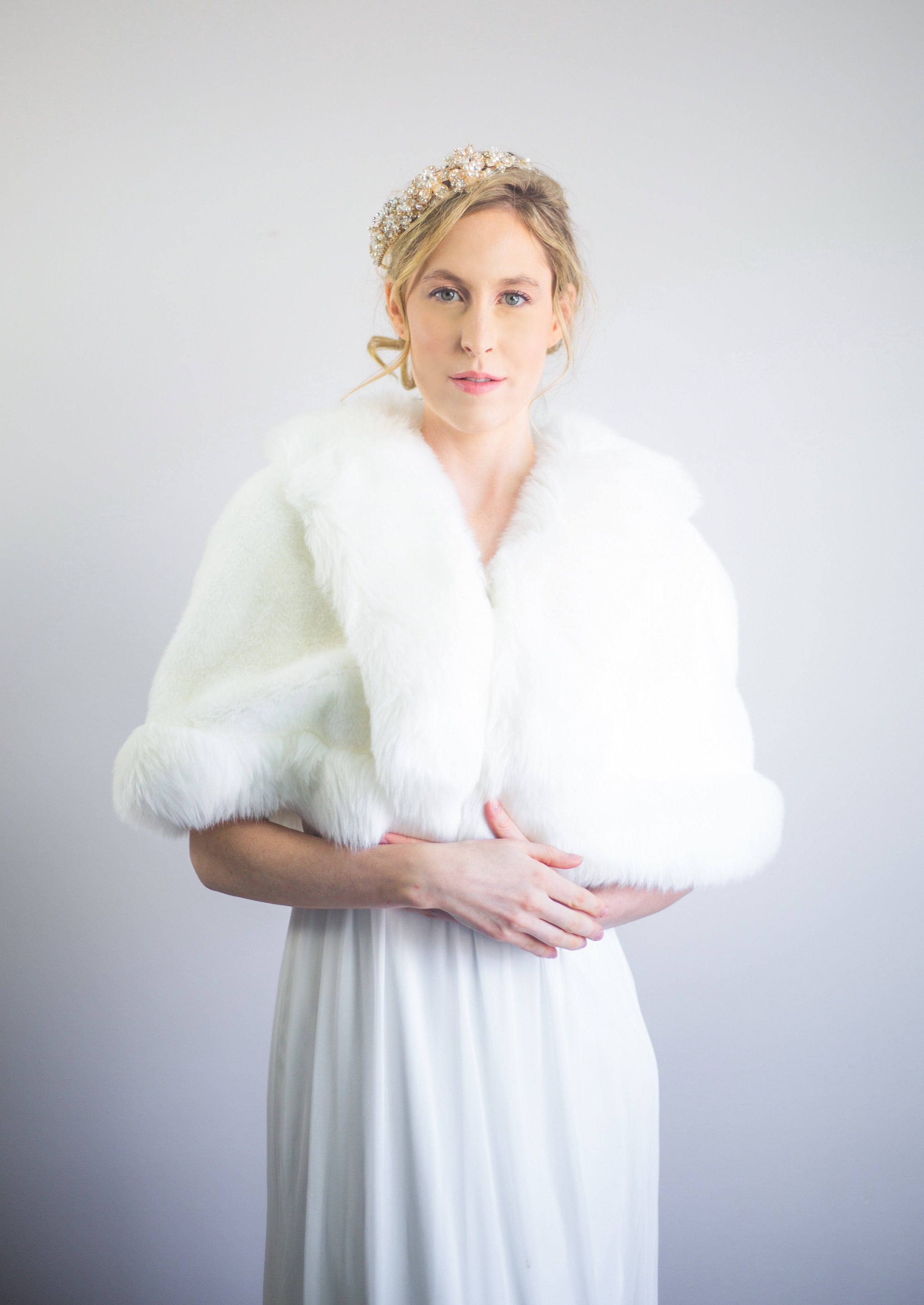 Ivory White Faux Fur Bridal Cape - Elegant Wedding Shawl for Bride (Georgina Wht01) | Perfect for Winter Weddings, Photo Shoots & Formal Events