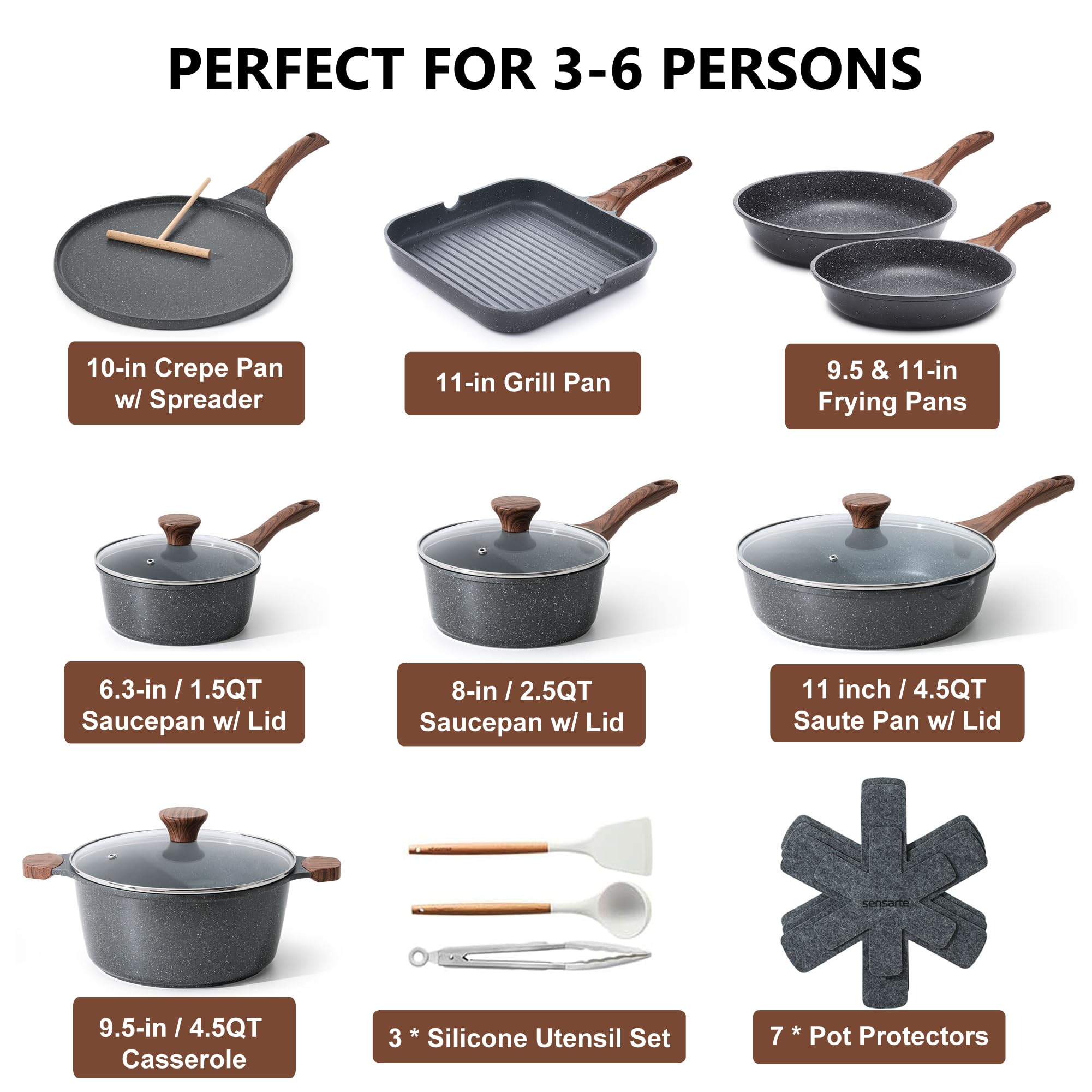 SENSARTE 23-Piece Nonstick Cookware Set - Swiss Granite Coated Pots & Pans, PFOA Free & Non-Toxic Kitchen Cooking Set with Stay-Cool Handles - Perfect for Frying, Boiling & Everyday Cooking