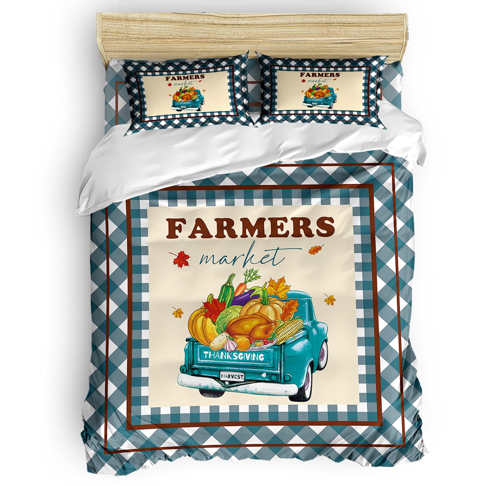 Thanksgiving Harvest Truck Vegetable 4-Piece Duvet Cover Set - Lightweight Microfiber Soft Bedding for Adults & Teens - Farmhouse Blue Ombre - Perfect for Seasonal Decor & Cozy Farmhouse Bedrooms