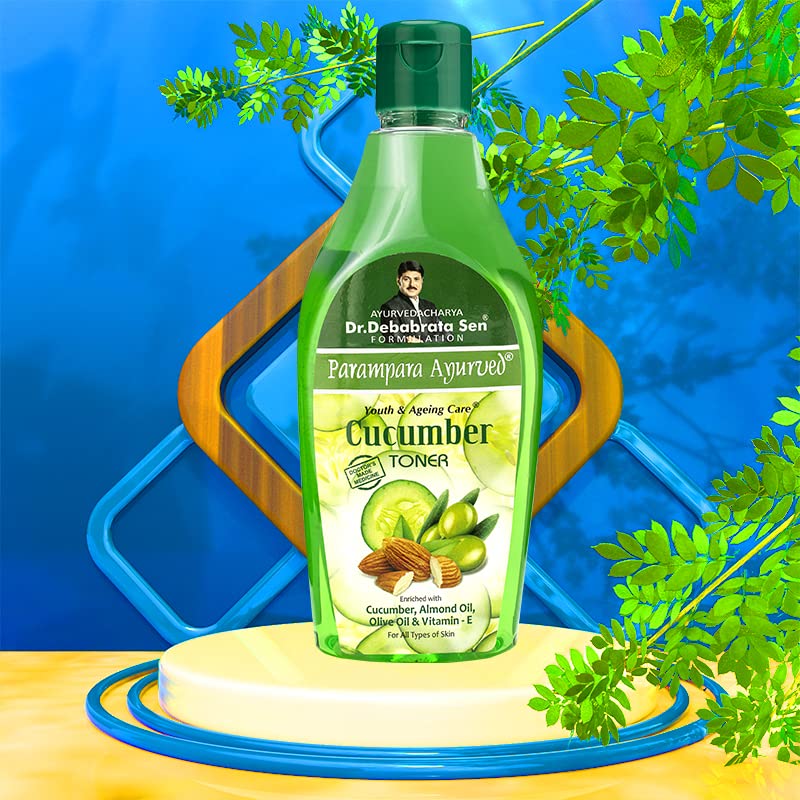 Parampara Ayurvedic Cucumber Toner with Vitamin E, Almond Oil & Olive Oil | Hydrating, Anti-Pigmentation, Pore Tightening & Acne Treatment | Deep Cleanser for Clear Skin | Sun Damage Repair & Skin Refreshment | 250ml | Perfect for Daily Skincare Routine & Post-Sun Care