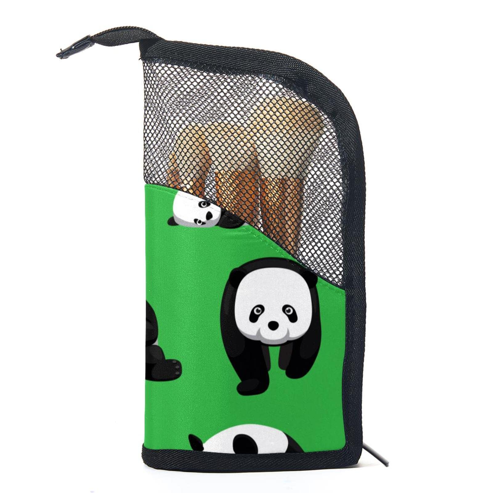 12-Piece Makeup Brush Organizer Bag with Cute Panda Design - Portable Cosmetic Brush Holder Case for Travel & Home Storage | Green Background Makeup Brush Set for Professional & Everyday Use