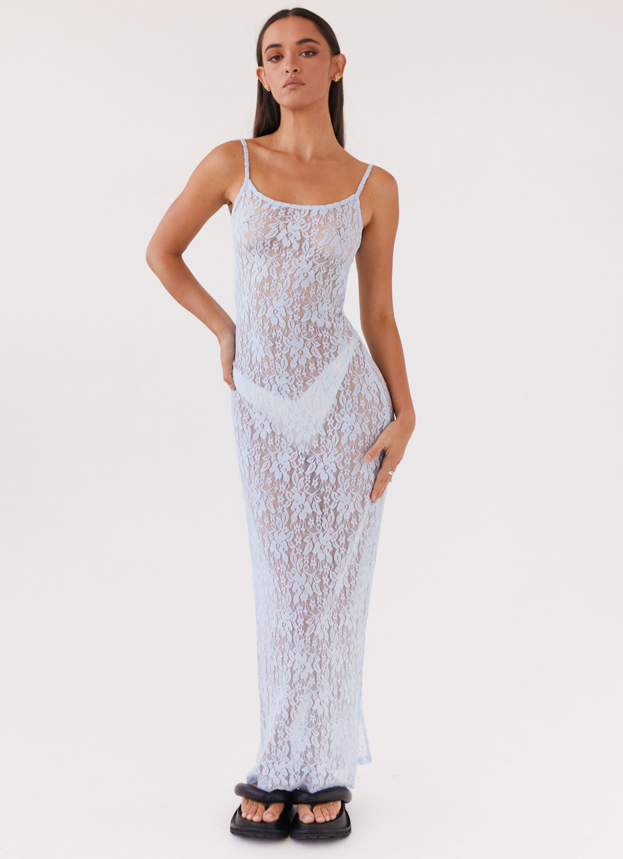 Gravity Lace Maxi Dress for Women - Flowy Baby Blue Summer Dress for Beach, Wedding & Vacation | Elegant Long Sleeve Boho Dress