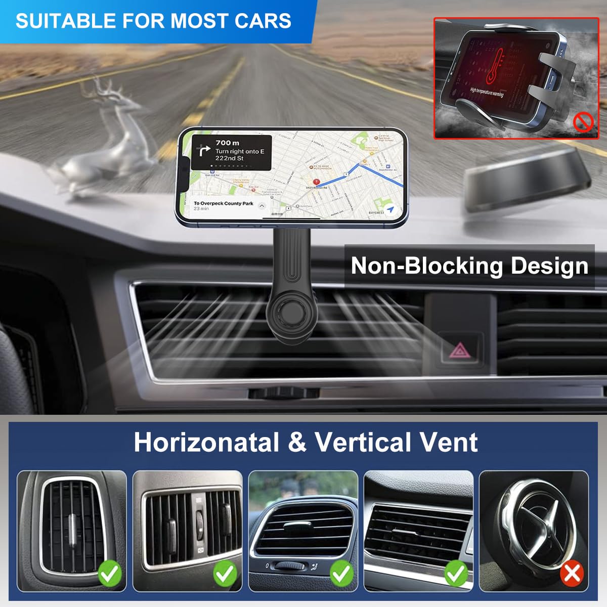 360° Adjustable Car Phone Holder for Air Vent & Socket Mount - Universal Phone Mount Compatible with iPhone, Samsung & All Smartphones - Perfect for Hands-Free Navigation, Music Control & Safe Driving