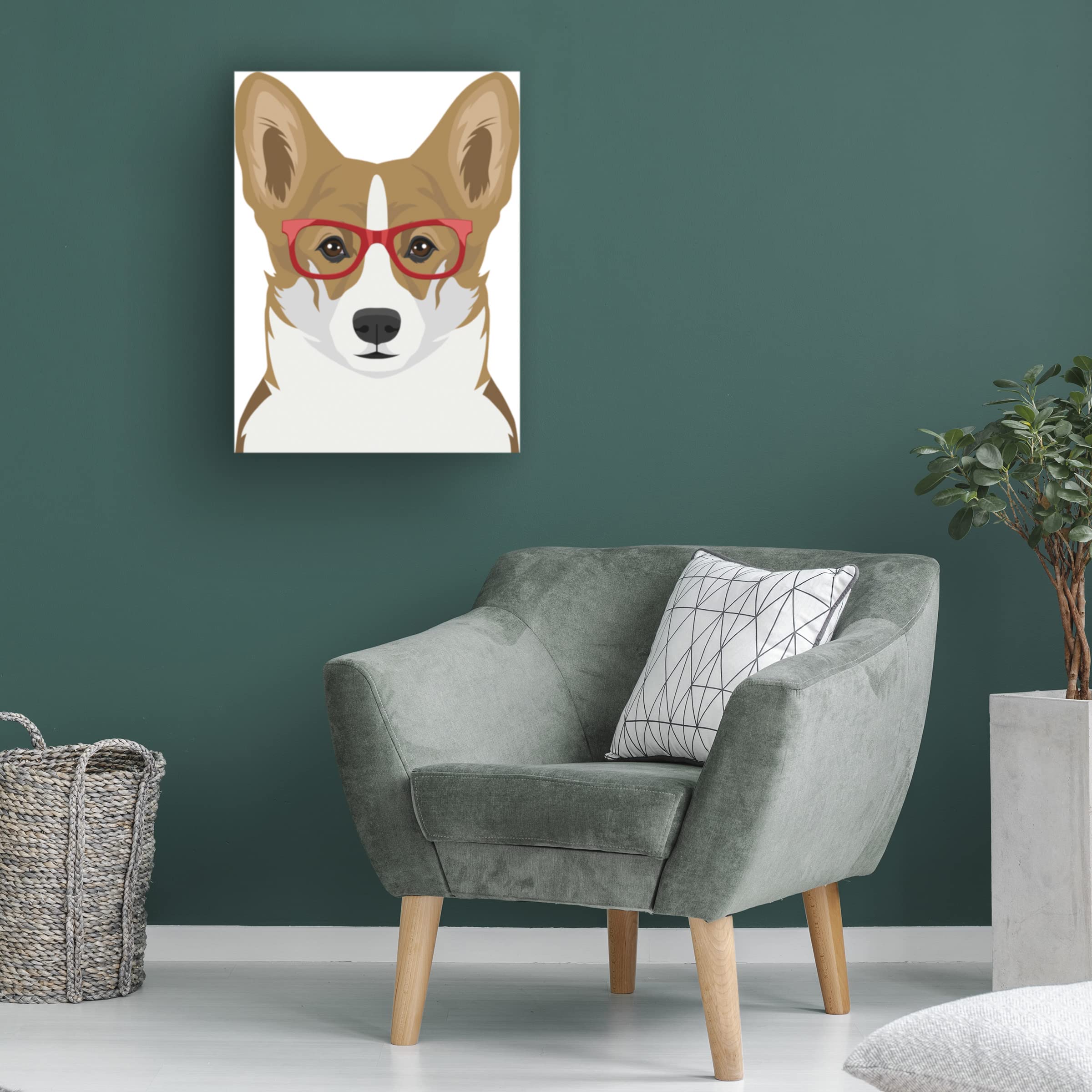 Corgi Wearing Hipster Glasses Canvas Art Print - Modern Dog Wall Decor for Living Room, Bedroom & Office - Funny Animal Painting by Trademark Fine Art