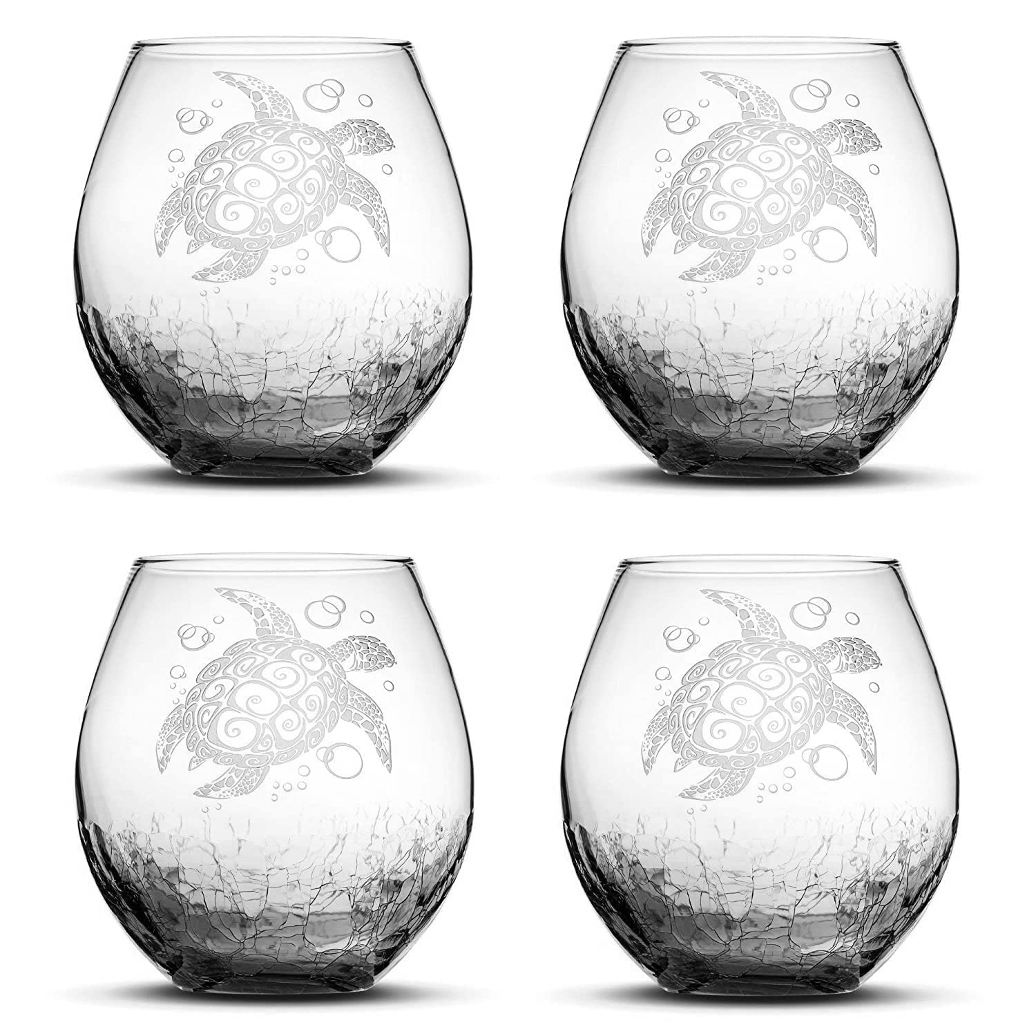 **Handblown Tribal Sea Turtle Wine Glasses Set of 4 - 18oz Stemless, Sand Carved & Hand Etched - Crackle Smoke Design - Perfect for Beach Parties, Wedding Gifts & Home Decor**