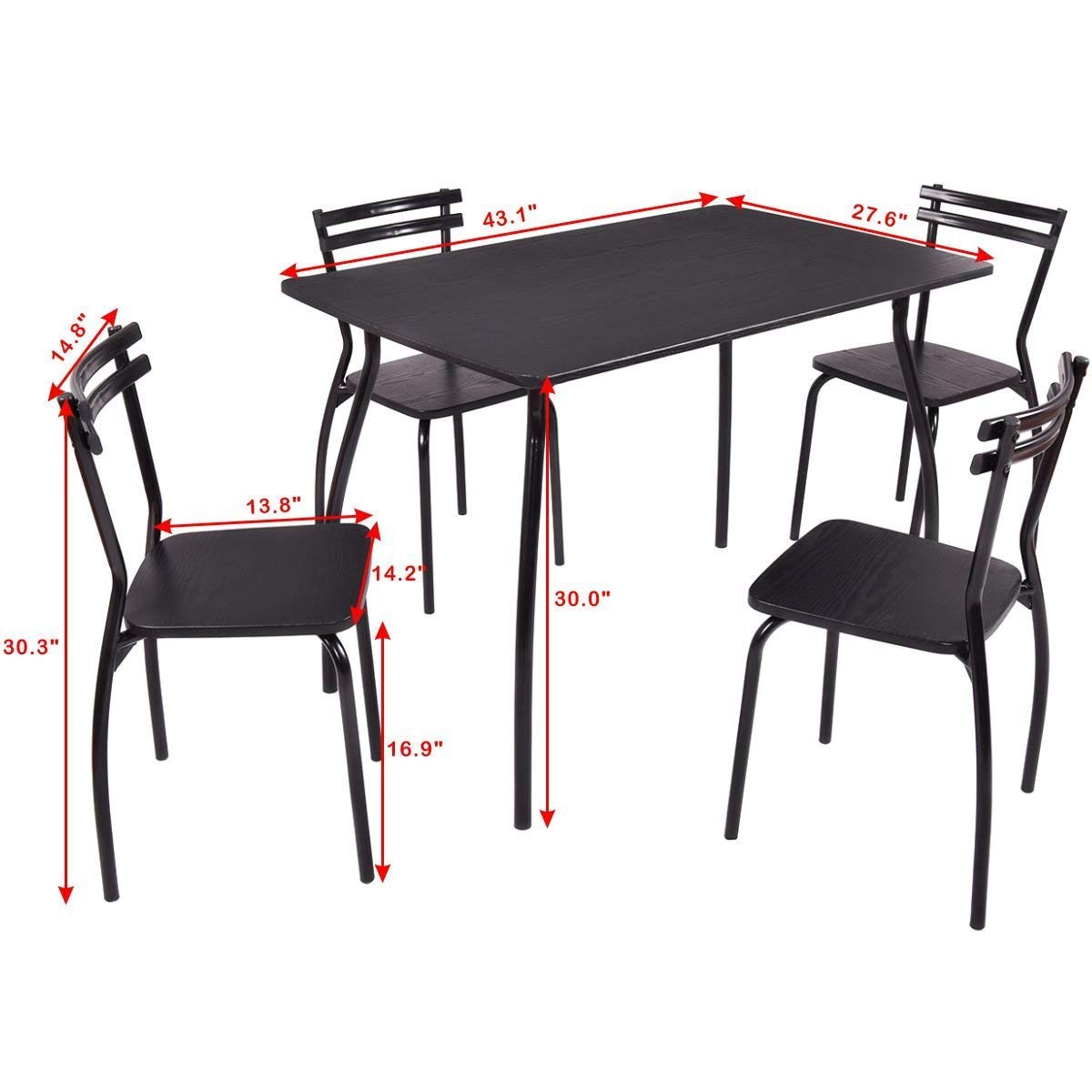 Casart 5-Piece Rectangular Dining Table Set with 4 Chairs - Black Steel Frame & MDF Top (42