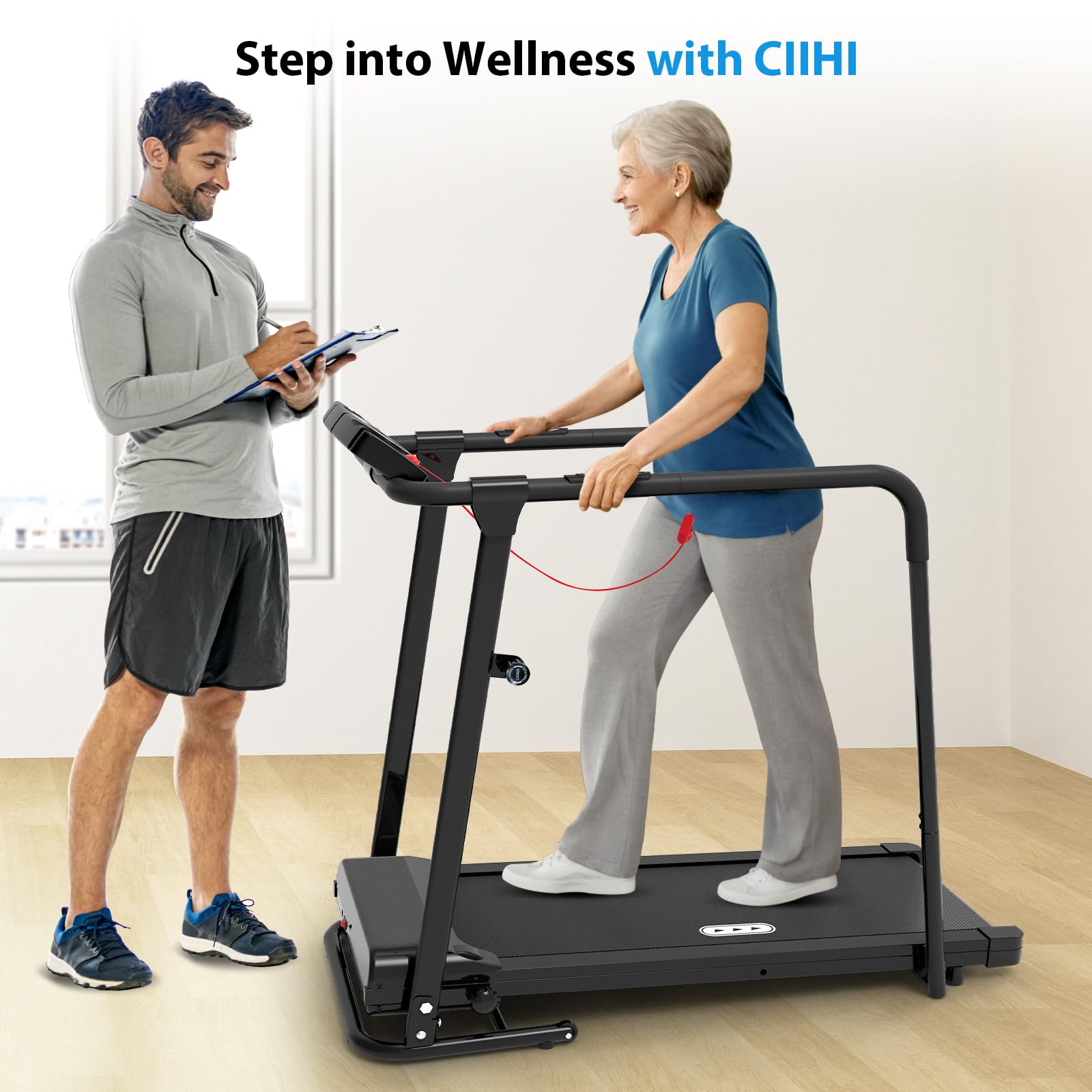 Foldable Walking Treadmill for Seniors - 300 lbs Weight Capacity with Long Safety Handrails & Heart Rate Monitor - Home Fitness Equipment for Elderly Recovery & Low-Impact Exercise - Perfect for Physical Therapy, Rehab & Gentle Cardio Workouts at Home