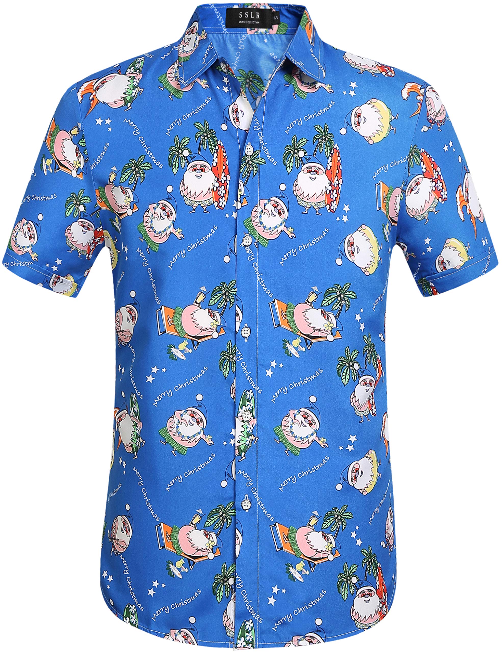 SSLR Men's Santa Claus Tropical Button-Up Shirts | Christmas Hawaiian Shirts for Men | Holiday Party & Beach Vacation Wear