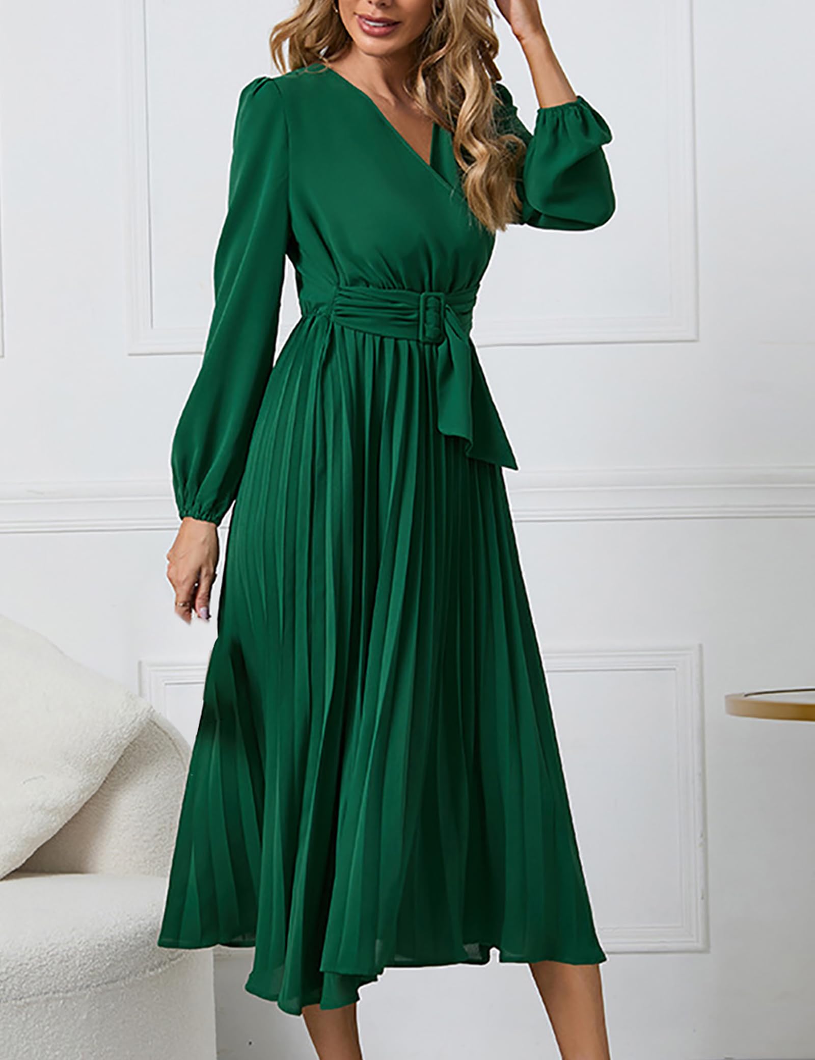 SDEER Women's Casual Midi Dress - V Neck Long Sleeve Pleated High Waist Flowy Dress for Wedding Guest, Party, Office & Daily Wear | Elegant & Comfortable Women's Fashion