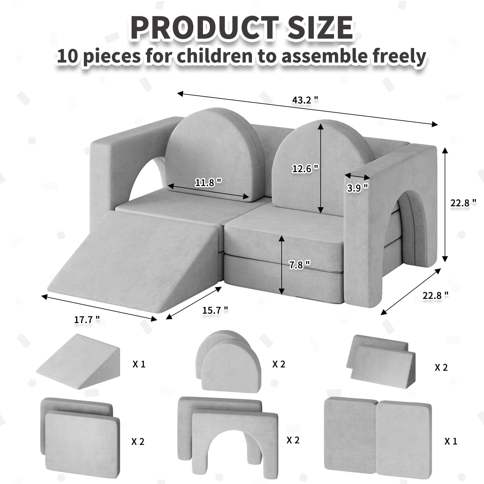 10PCS Modular Kids Play Couch - 10-in-1 Toddler Sofa with Climbing Slope for Boys & Girls | Creative Play, Climbing, Napping & Indoor Activities | Durable Gray Children's Furniture for Playroom, Bedroom & Daycare