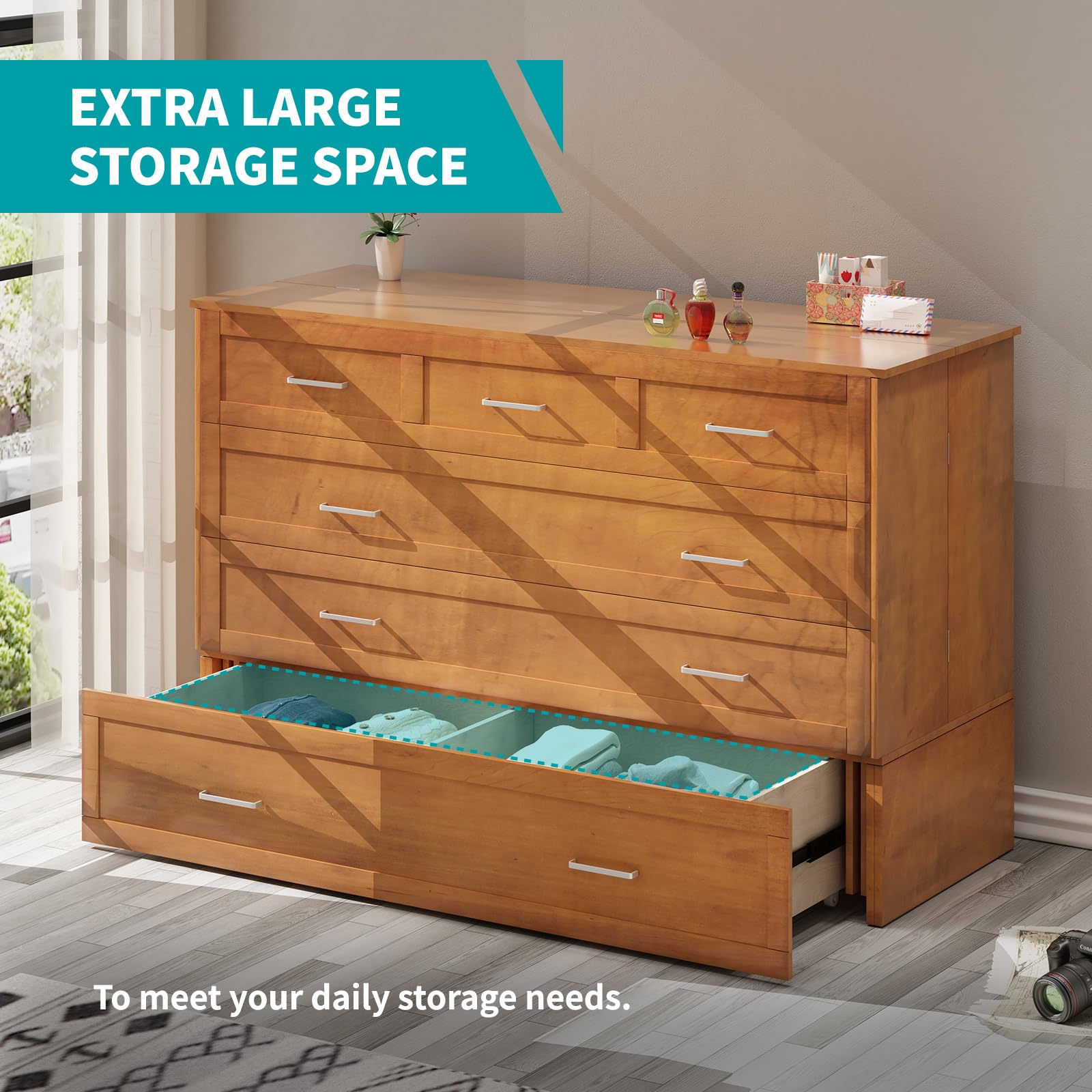 BALUS Queen Size Murphy Bed Cabinet with Memory Foam Mattress - Wall Bed with USB Charging Port, Large Storage Drawer & Easy Assembly - Space Saving Guest Bed for Small Apartments, Home Office & Studio (Cherry Finish)
