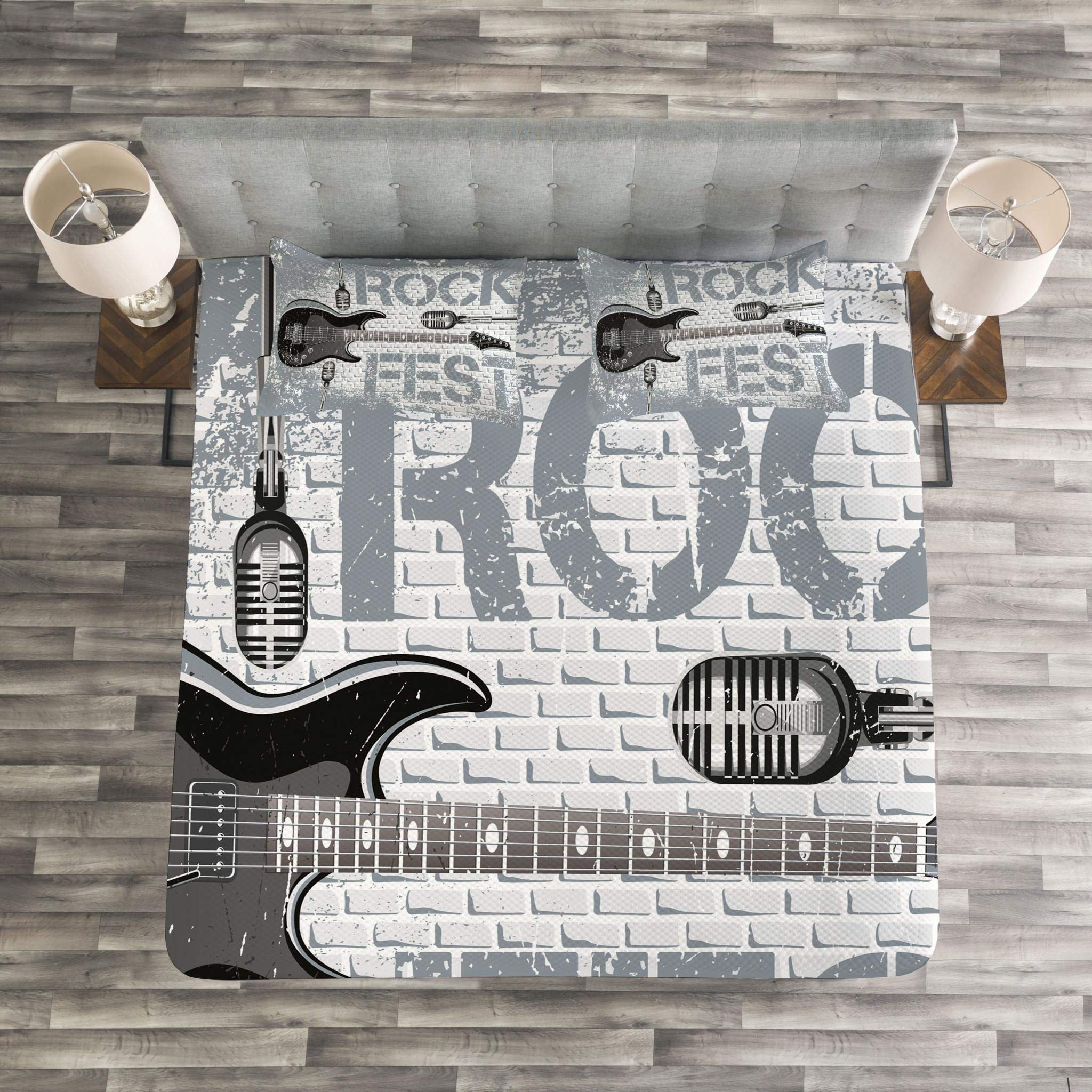 Ambesonne Rock Music Bedspread Set - Grunge Style Brick Wall with Electric Guitar & Mic Design, 3-Piece Bedding Set with Coverlet & 2 Pillow Shams, King Size, Blue Grey Black - Perfect for Rock Themed Bedrooms & Music Lover Gifts