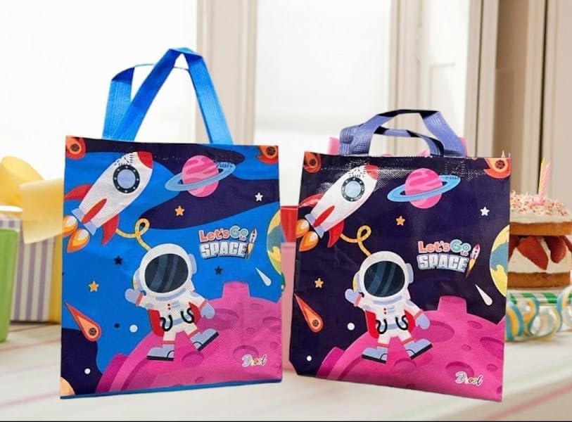AMANVANI Space Themed Party Favor Bags - Medium Size Cartoon Design Gift Bags for Kids Birthday, Baby Shower & School Events (10-Pack) - Perfect for Space Party Decorations & Goodie Bags