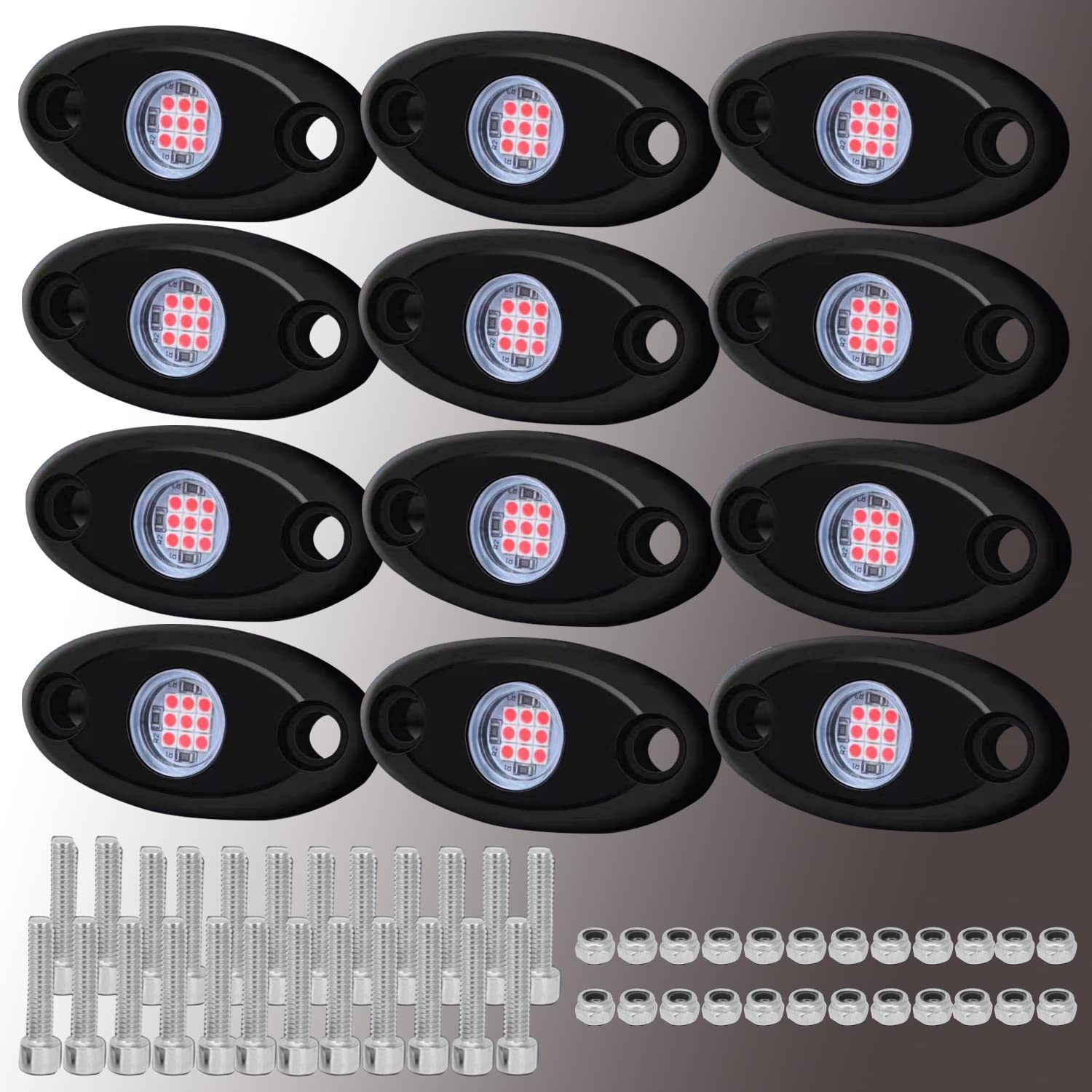 12 Pack Red LED Rock Lights Neon Underglow Kit for Cars, Trucks, ATVs & SUVs - Waterproof Underbody Glow Lighting for Off-Road, Car Shows & Night Driving