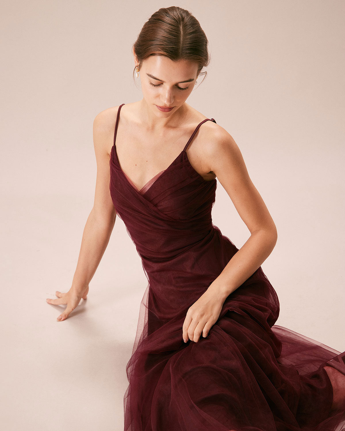 Elegant Wine Red V-Neck Mesh Wrap Maxi Dress for Women - Perfect for Evening Parties, Weddings & Special Occasions