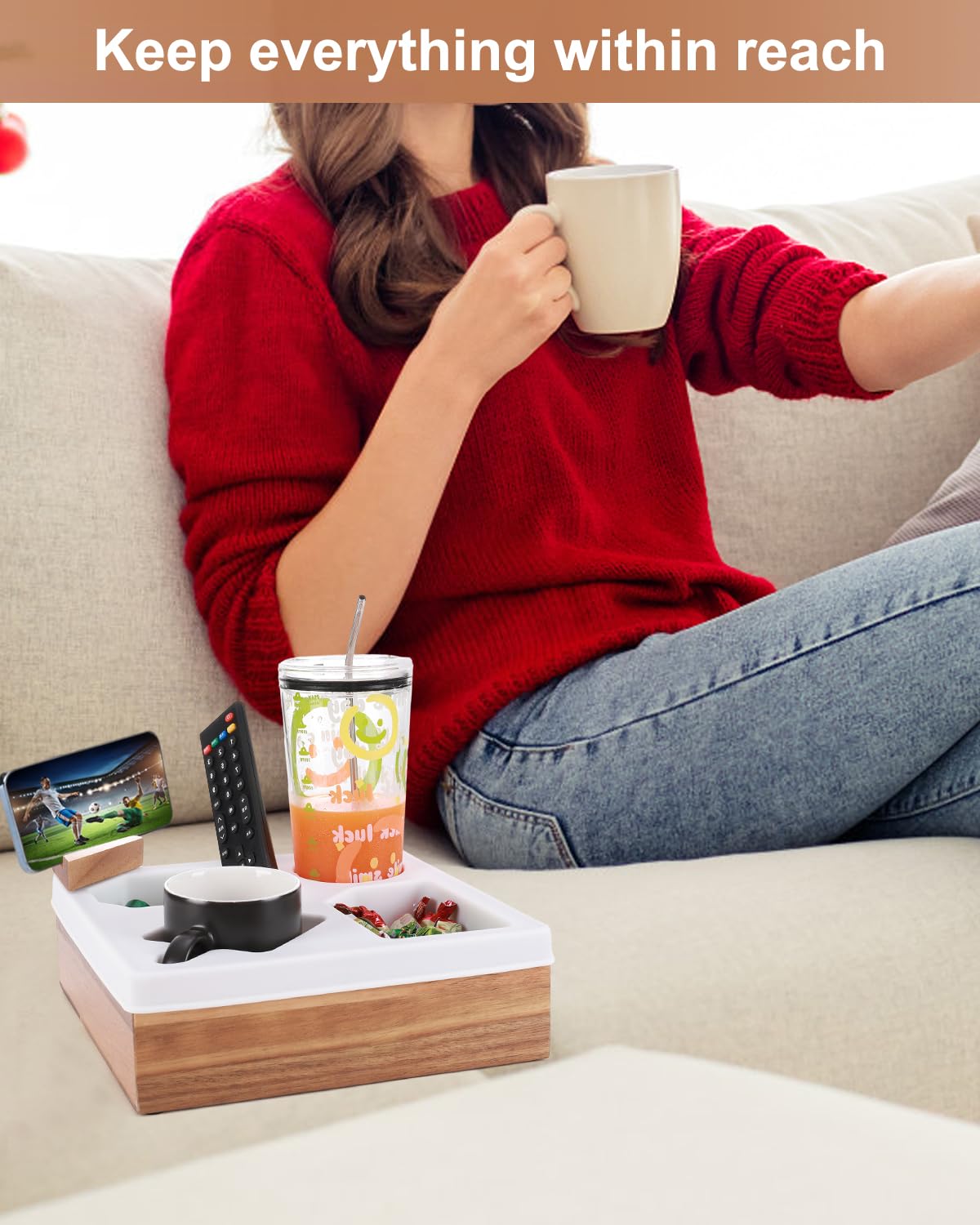 Silicone & Acacia Wood Couch Cup Holder Tray - Snack & Drink Organizer with Waterproof Cup Holder for Sofa, Remotes, and Pillows - Perfect for Movie Nights, Gaming, and Relaxing on the Couch