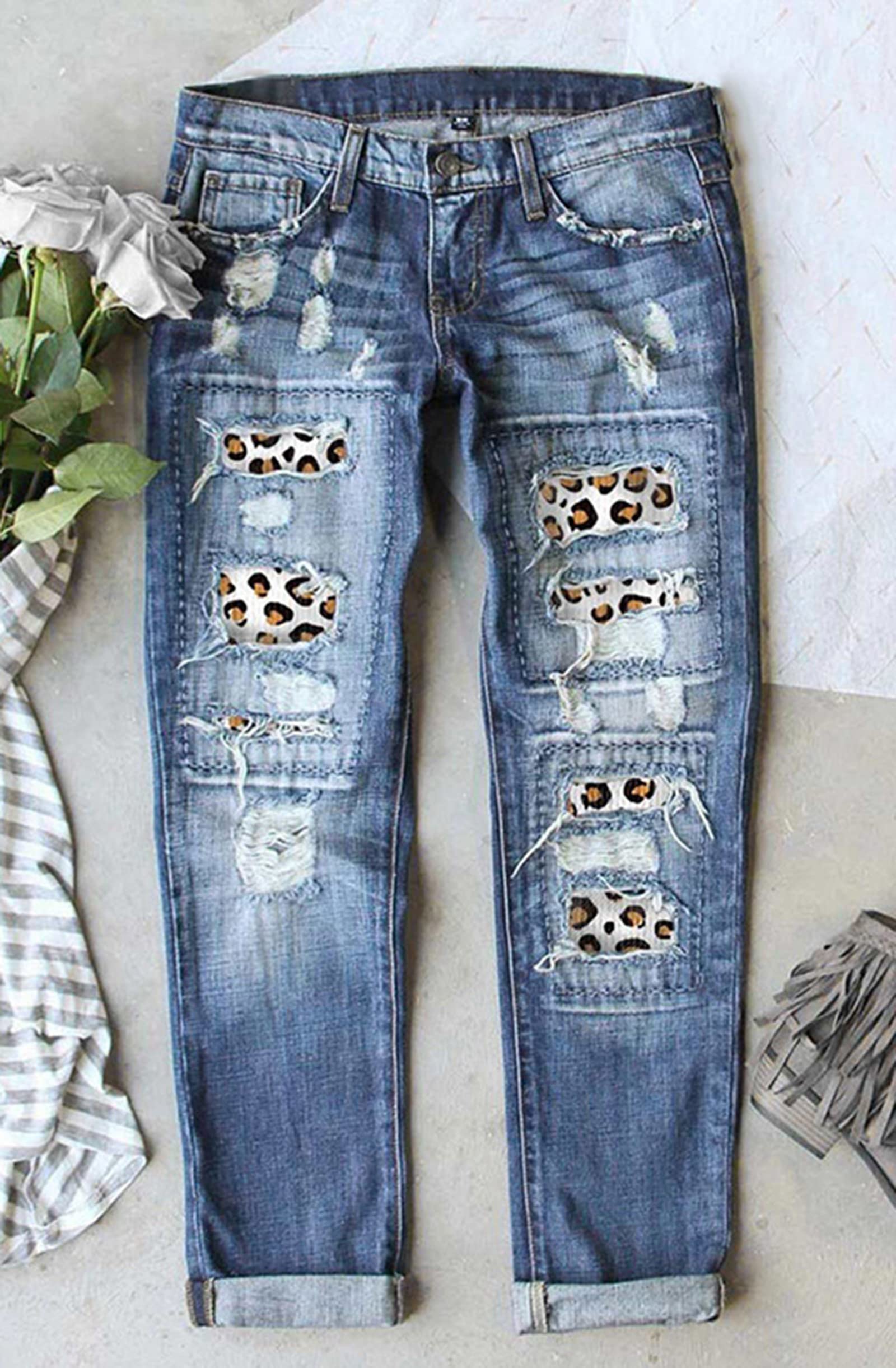 Women's Ripped Boyfriend Jeans - Distressed Leopard Print Patch Straight Leg Denim Pants for Casual Wear & Street Style Outfits