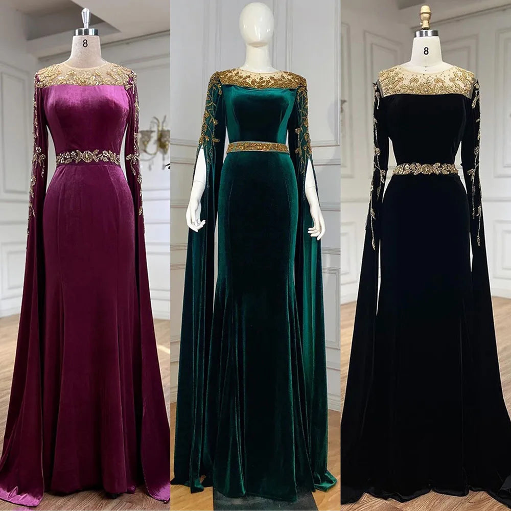 Elegant Beaded Muslim Green Velour Evening Gown with Cape Sleeves for Women - 2025 Mermaid Party Dress LA71452 | Perfect for Weddings, Galas & Formal Events