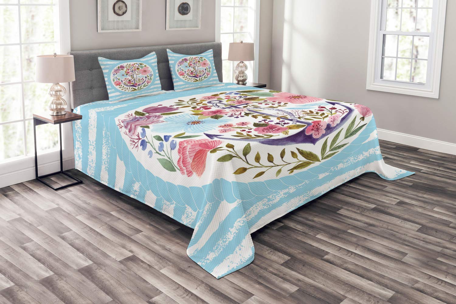 Ambesonne Vintage Nautical Anchor Floral Roses Bouquet Wreath Bedspread Set - King Size 3 Piece Quilted Coverlet with 2 Pillow Shams, Blue & White Striped Coastal Decor for Master Bedroom or Guest Room