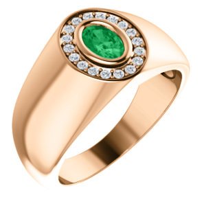 14KT Gold Emerald & Diamond Oval Halo Ring for Men - 0.48CT Emerald & 0.18CTW Diamond Engagement Wedding Band - Perfect for Proposals, Anniversaries & Special Occasions