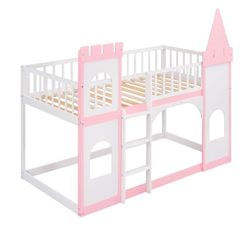 Harper & Bright Designs Twin Over Twin Kids Bunk Bed with Castle Shape - Wooden Loft Bed for Girls & Boys - Space-Saving Bedroom & Dorm Furniture - Perfect for Shared Rooms, Sleepovers & Small Spaces (Pink)