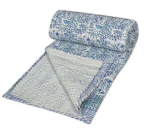YUVANCRAFTS Indian Hand Block Print Kantha Quilt - 100% Cotton Throw Blanket & Bedspread - Queen Size (90x108 Inches) - White - Perfect for Home Decor, Bedroom & Living Room