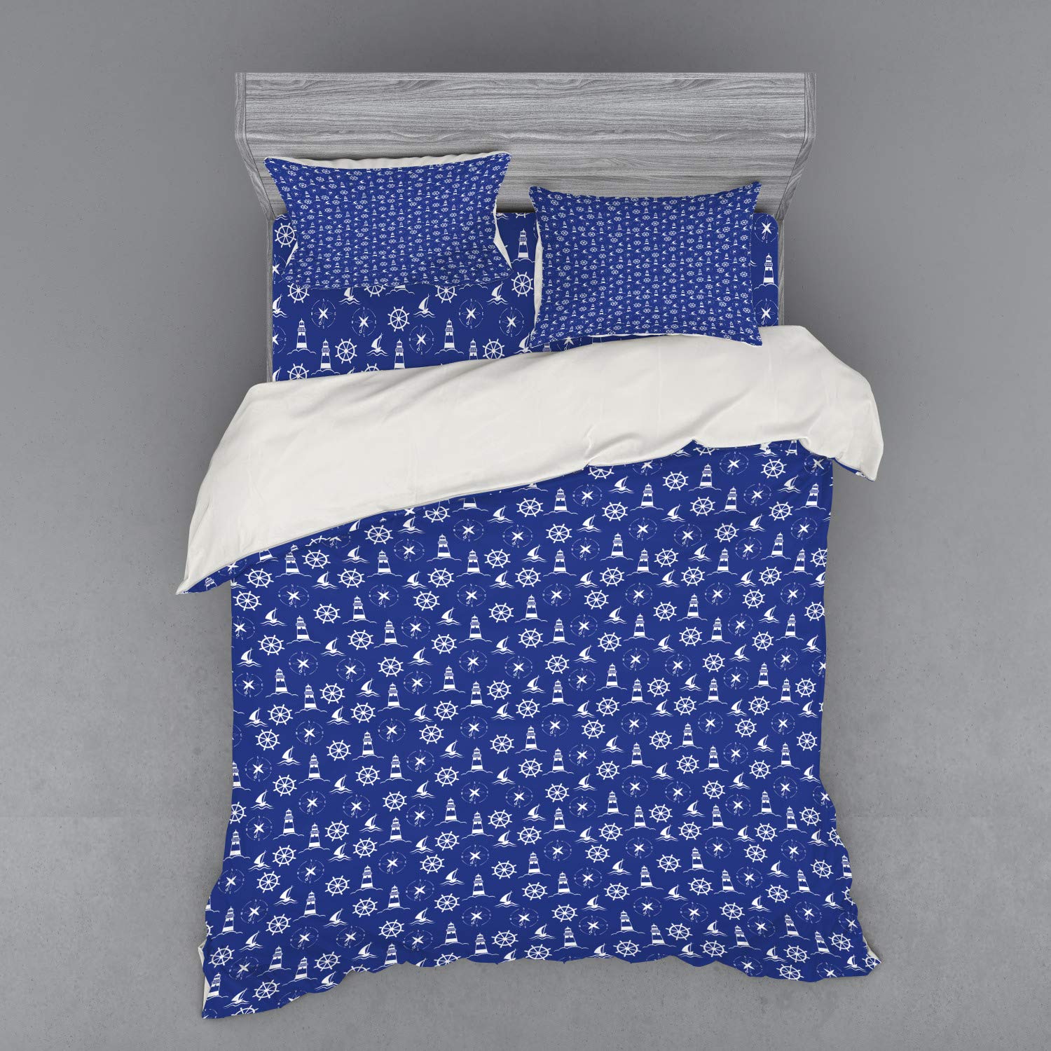 Ambesonne Lighthouse Duvet Cover Set - Nautical Themed 4-Piece Queen Size Bedding with Shams & Fitted Sheet in Violet Blue White | Perfect for Coastal, Beach House, or Sailor Themed Bedroom Decor