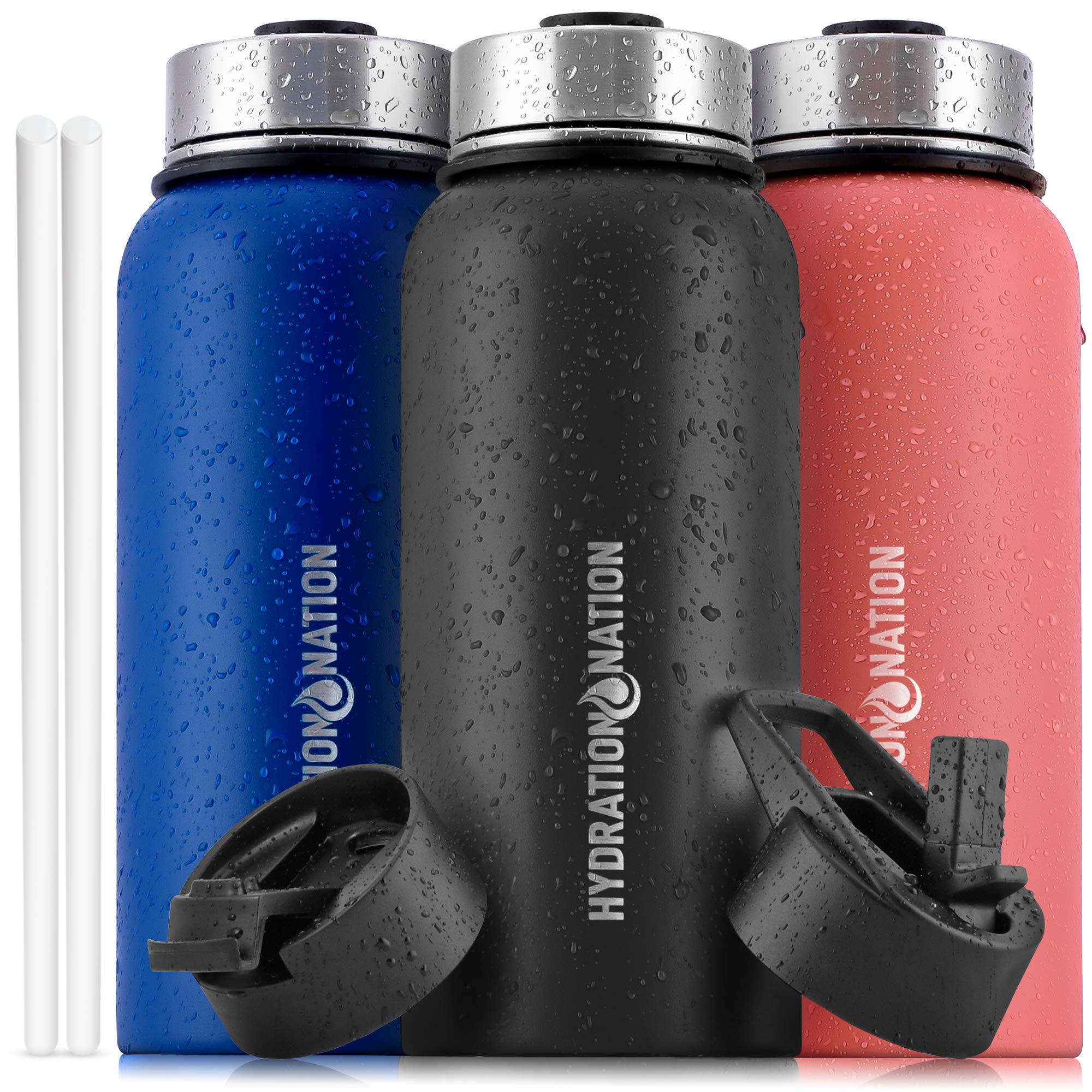 Hydration Nation 3 Lid Multi-Size Vacuum Insulated Stainless Steel Water Bottle with Straw - 24hr Hot & Cold Retention - Leakproof Metal Water Bottle for Gym, Hiking, Travel & Outdoor Activities - BPA Free (Black)