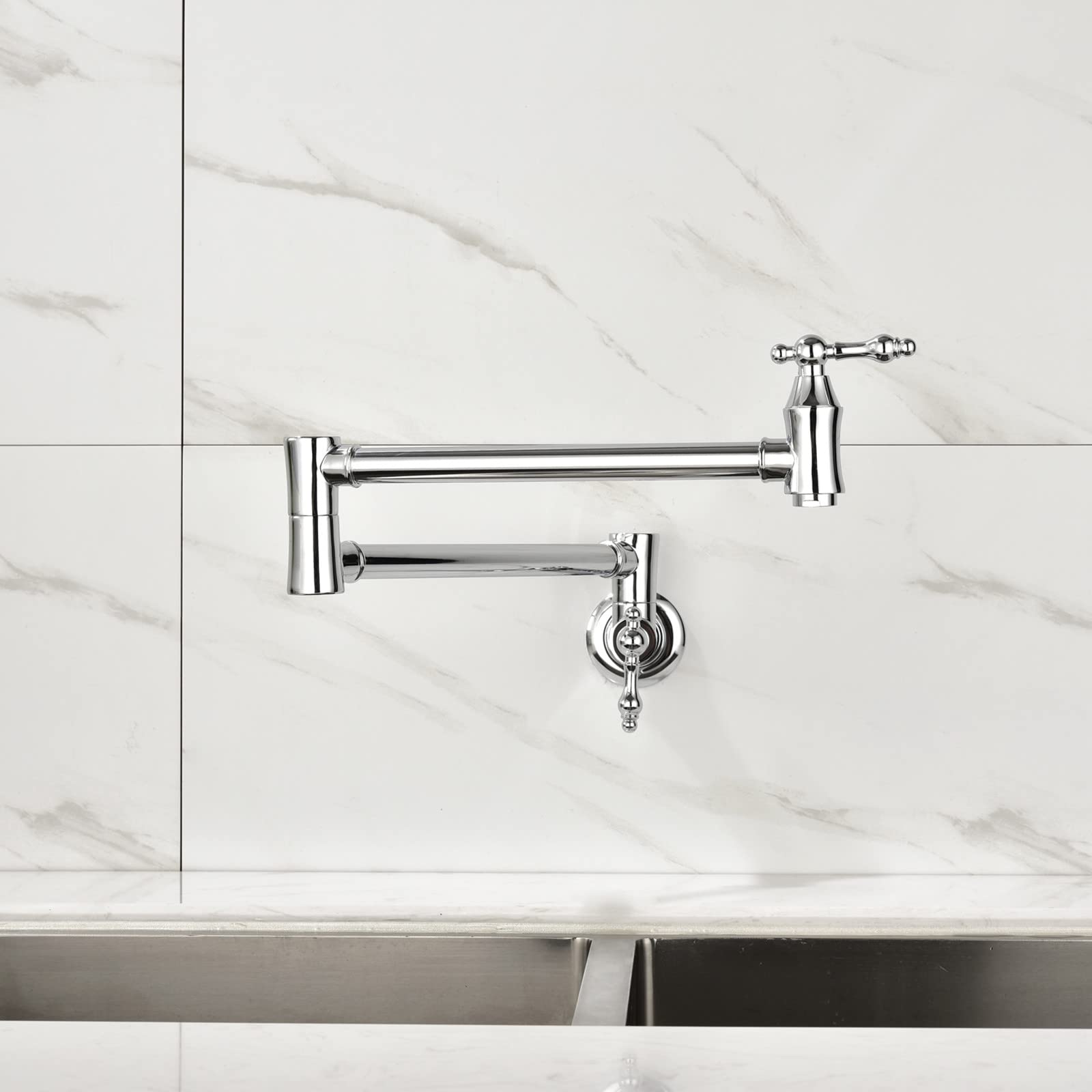 GT4-ZJ Solid Brass Wall Mount Folding Kitchen Faucet - Extendable Swing Arm Pot Filler Faucet in Brushed Silver for Modern Home & Commercial Use | Perfect for Filling Large Pots, Watering Plants & Hand Washing