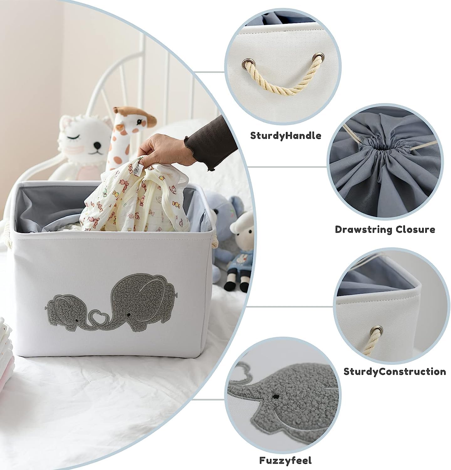 INough 2-Pack Baby Storage Baskets & Laundry Hampers for Boys Nursery - Large Elephant Design Baby Clothes Organizer for Nursery Decor, Diaper Storage & Kids Room Organization