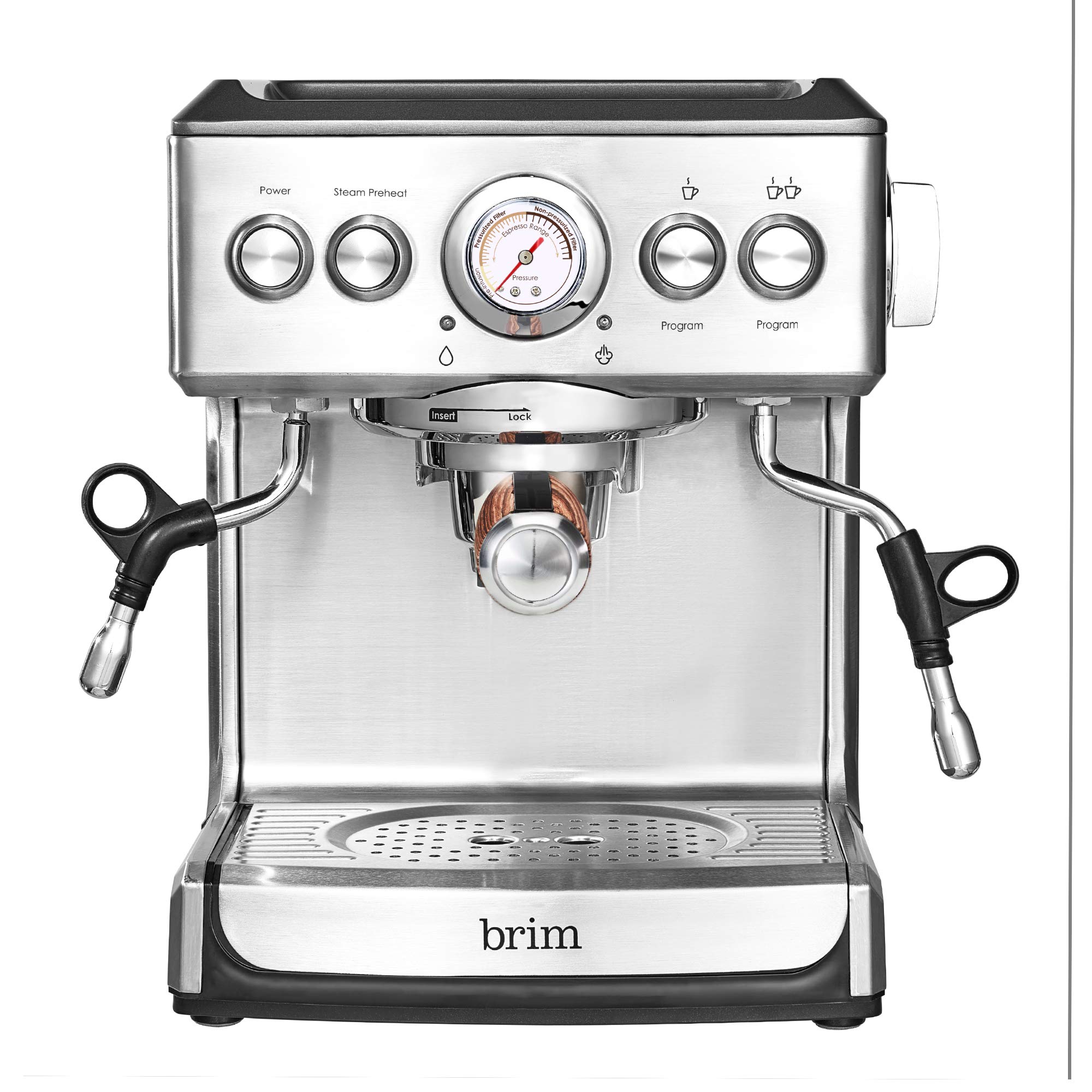 Brim 19 Bar Espresso Machine - Fast Heating Professional Coffee Maker for Cappuccino, Americano & Latte with Milk Steamer & Frother - Stainless Steel with Wood Accents - Removable Parts for Easy Cleaning - Perfect for Home, Office & Coffee Shop Use