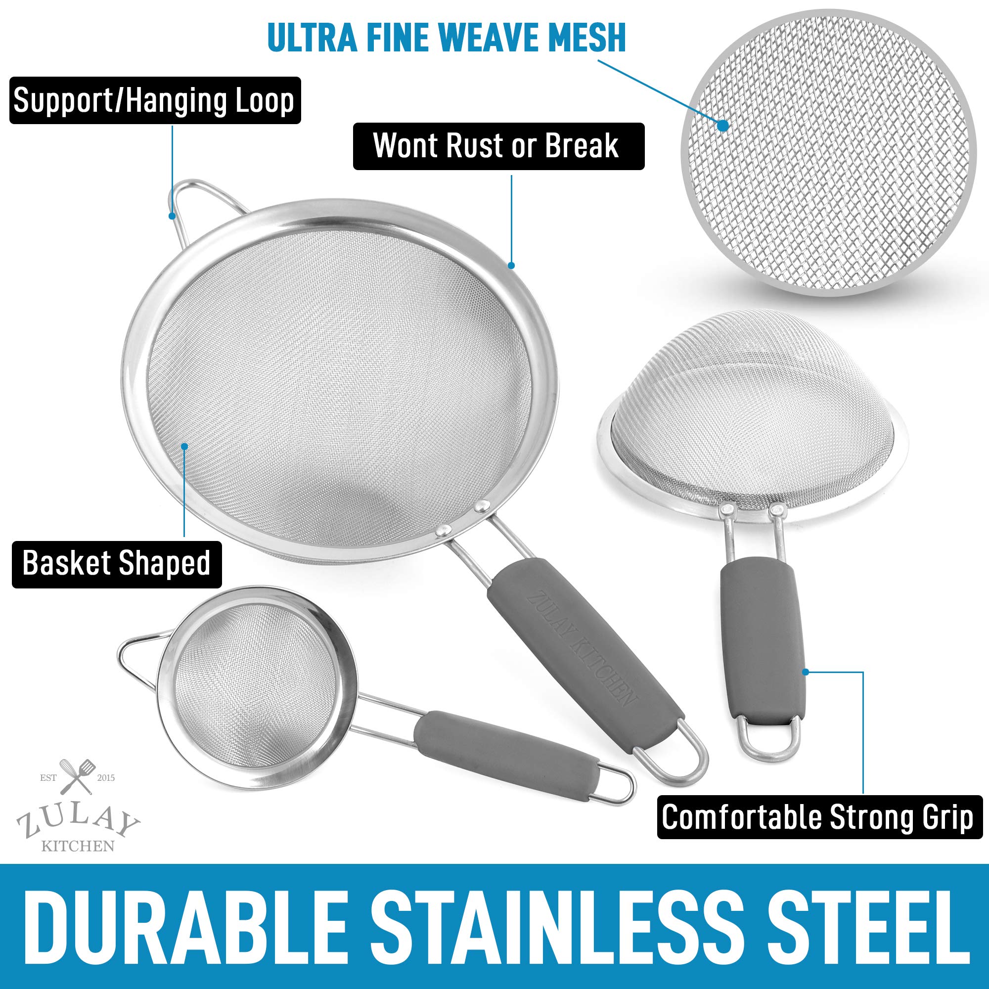Premium Stainless Steel Fine Mesh Strainer Set (3-Piece) - Non-Slip Handles for Kitchen Use