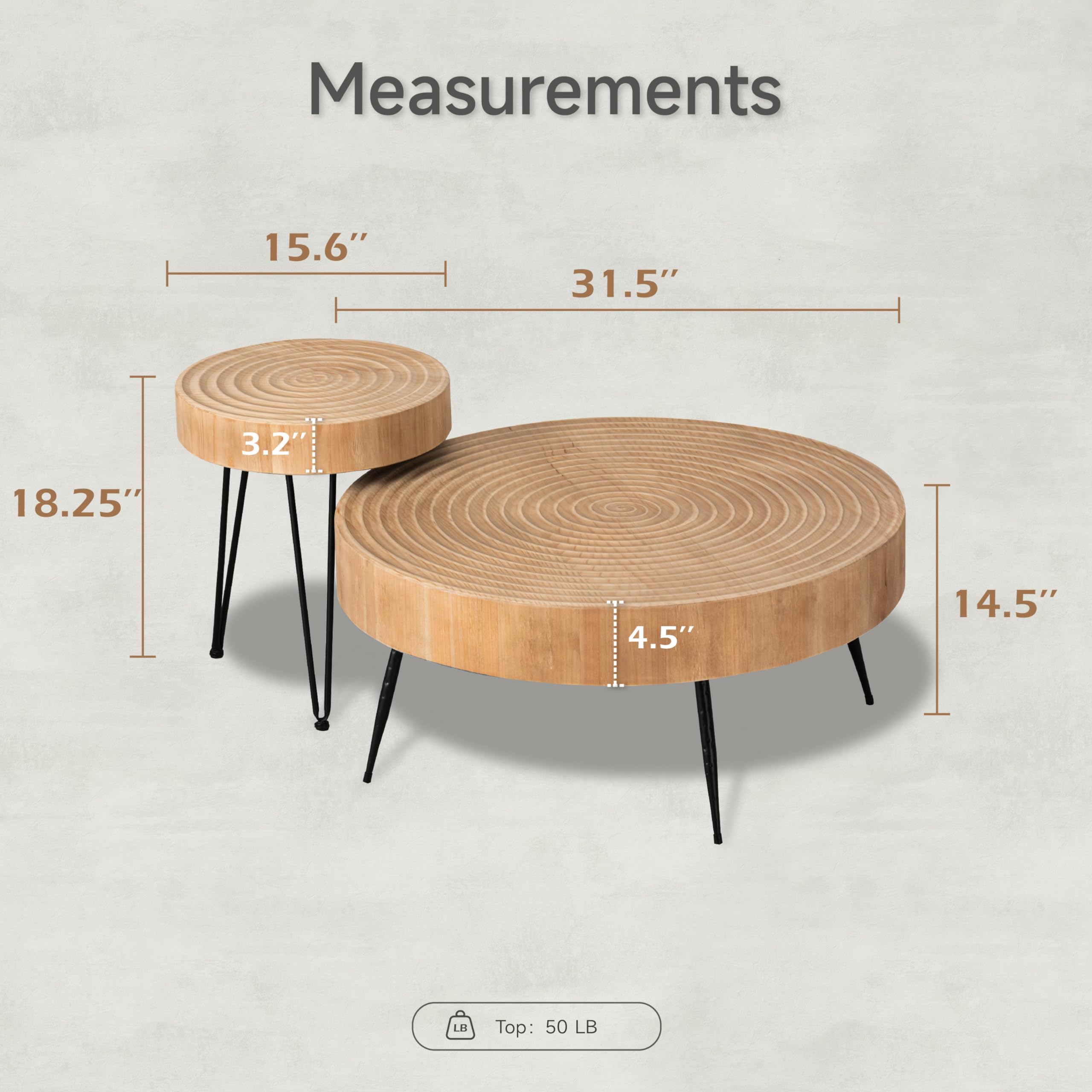2-Piece Modern Farmhouse Nesting Coffee Table Set - Round Natural Wood Finish with Handcrafted Ring Motif for Living Room, Bedroom & Office Decor
