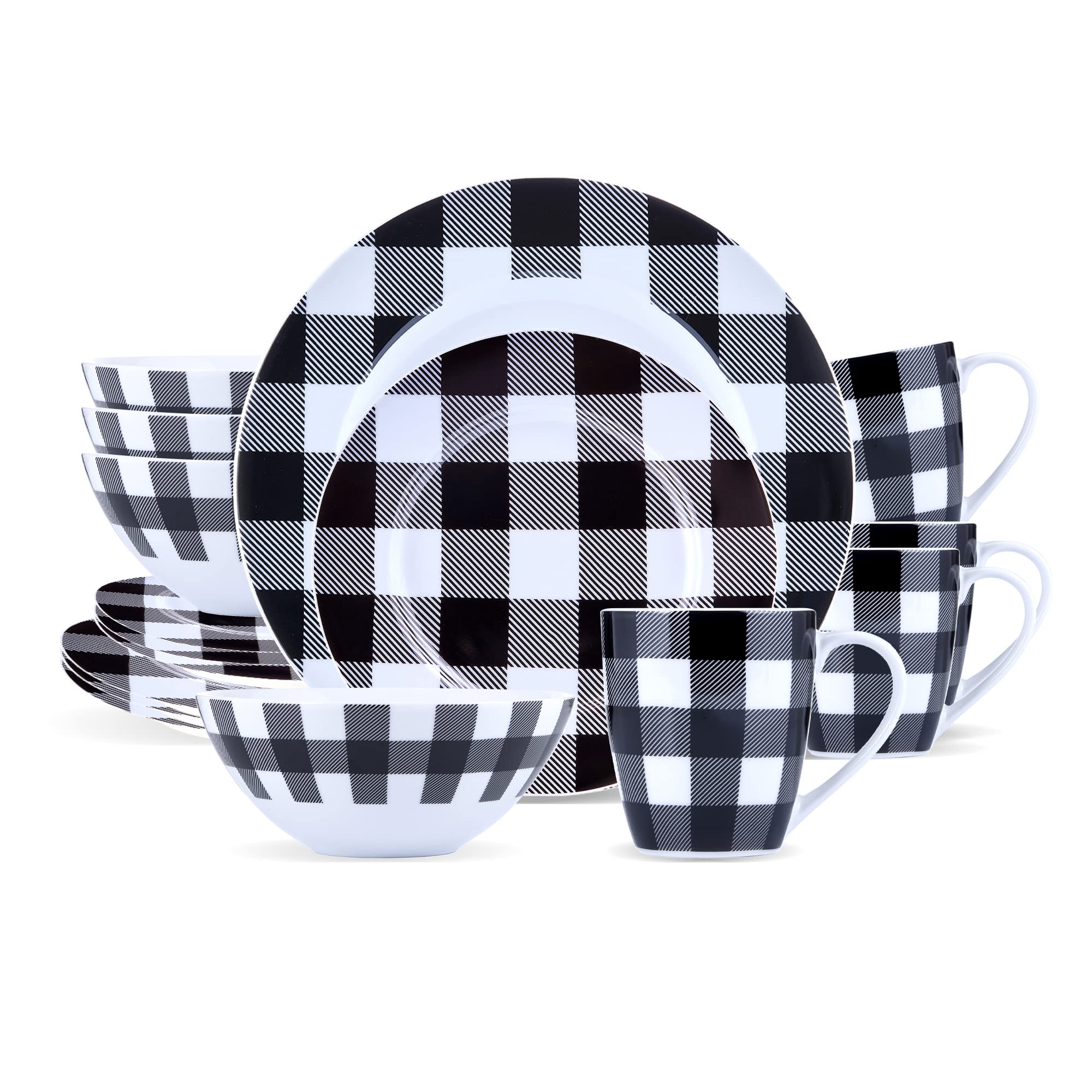 Modern Black & White Plaid 16-Piece Kitchen Dinnerware Set - Frost White Plates, Bowls & Mugs - Dishwasher Safe for Indoor Dining & Entertaining