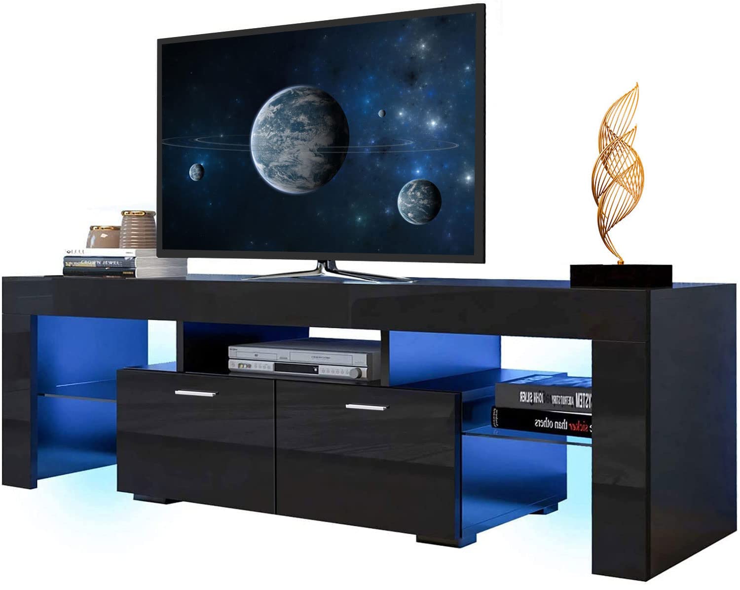 65 Inch LED TV Stand with Glossy Finish & Storage Cabinet - Modern Entertainment Center with LED Lights, Black Media Console for Living Room - Perfect for Home Theater & Gaming Setup