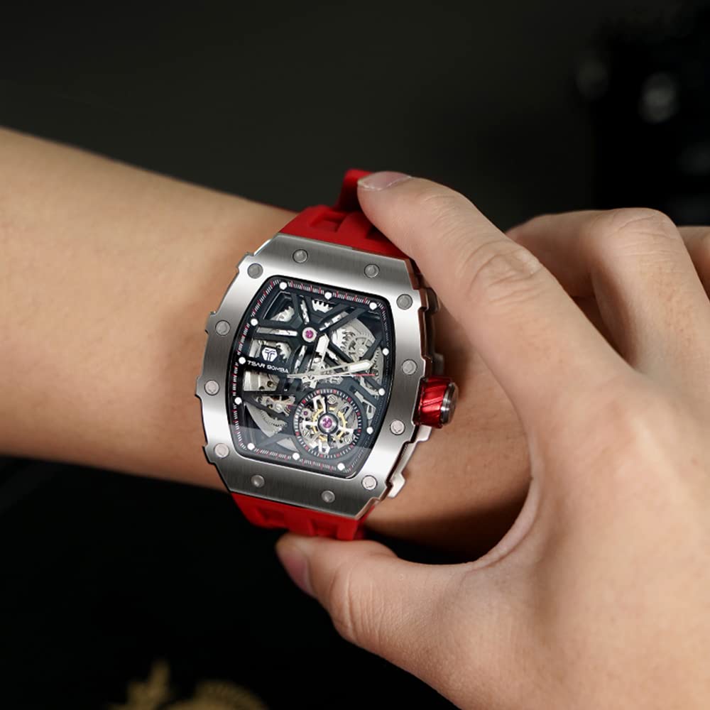 TSAR BOMBA Men's Automatic Skeleton Watch - Luxury Tonneau Design, 50M Waterproof, Silver Square Big Face with Silicone Strap - Perfect for Business, Formal Events & Everyday Wear