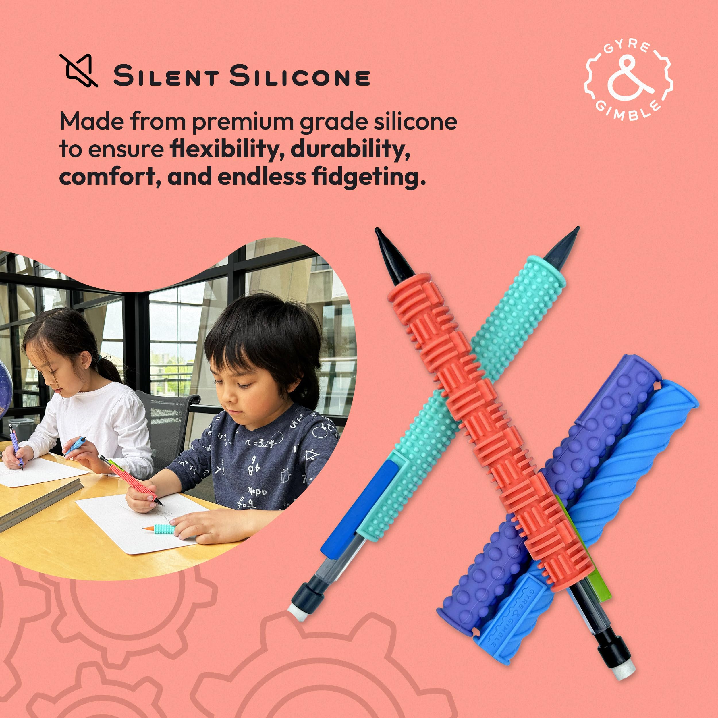 Gyre & Gimble Textured Silicone Pencil Fidget Sleeves - 4 Pack with 2 Mechanical Pencils for Stress Relief & Focus - Quiet Sensory Fidget Toy for Office, School & ADHD Anxiety Relief