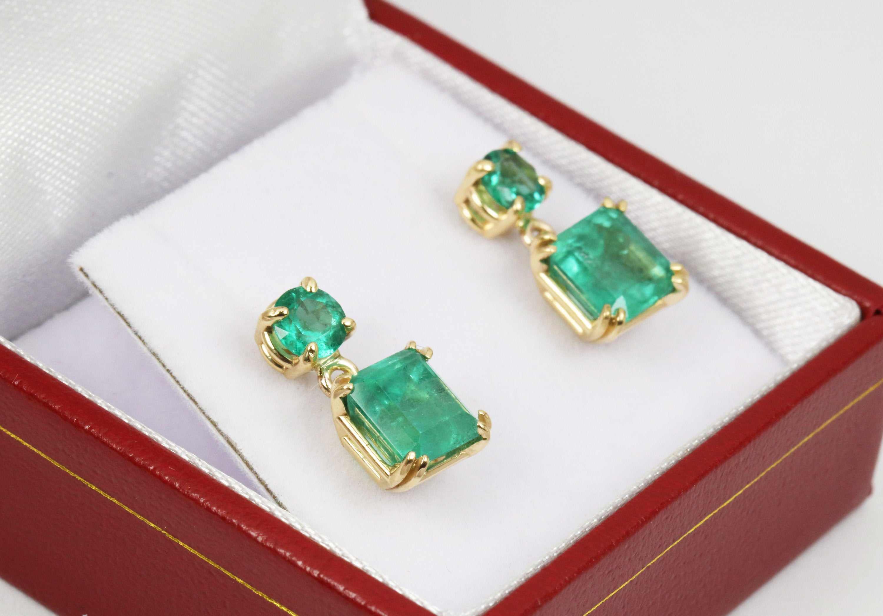 3.20tcw Natural Rich Green Emerald Asscher & Round Cut Dangle Stud Earrings in 14K Gold - Elegant Jewelry for Weddings, Parties & Special Occasions