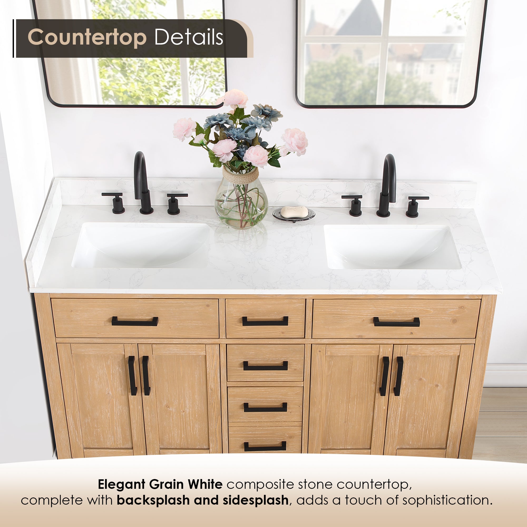 Gavino 60 Inch Double Sink Bathroom Vanity with White Composite Stone Countertop - Modern Farmhouse Style for Master Bath or Guest Bathroom