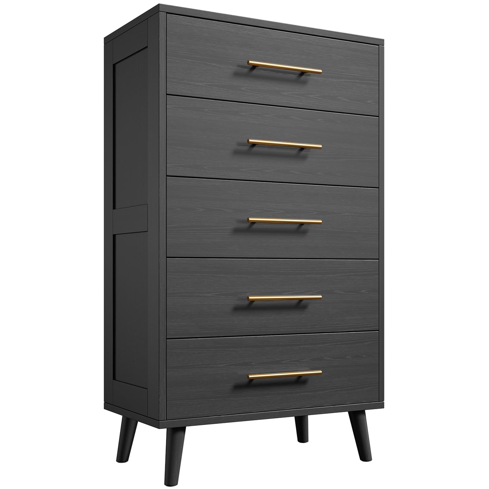 Aiho 5-Drawer Dresser with Metal Handles - Tall Wooden Chest Storage Organizer for Bedroom, Hallway & Living Room - Black - Perfect for Small Space Organization & Home Decor