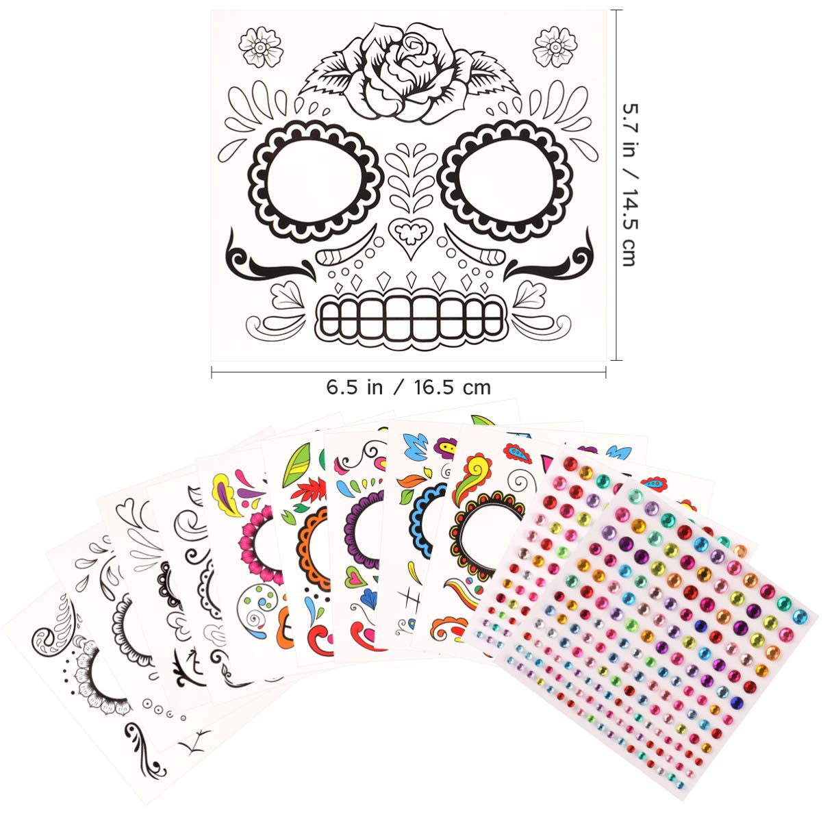 FRCOLOR 10 Sheets Halloween Temporary Tattoos - Day of The Dead Face Tattoos with Skull & Rhinestone Designs for Cosplay, Parties & Makeup | Perfect for Halloween Costumes, Festival Body Art & Themed Events