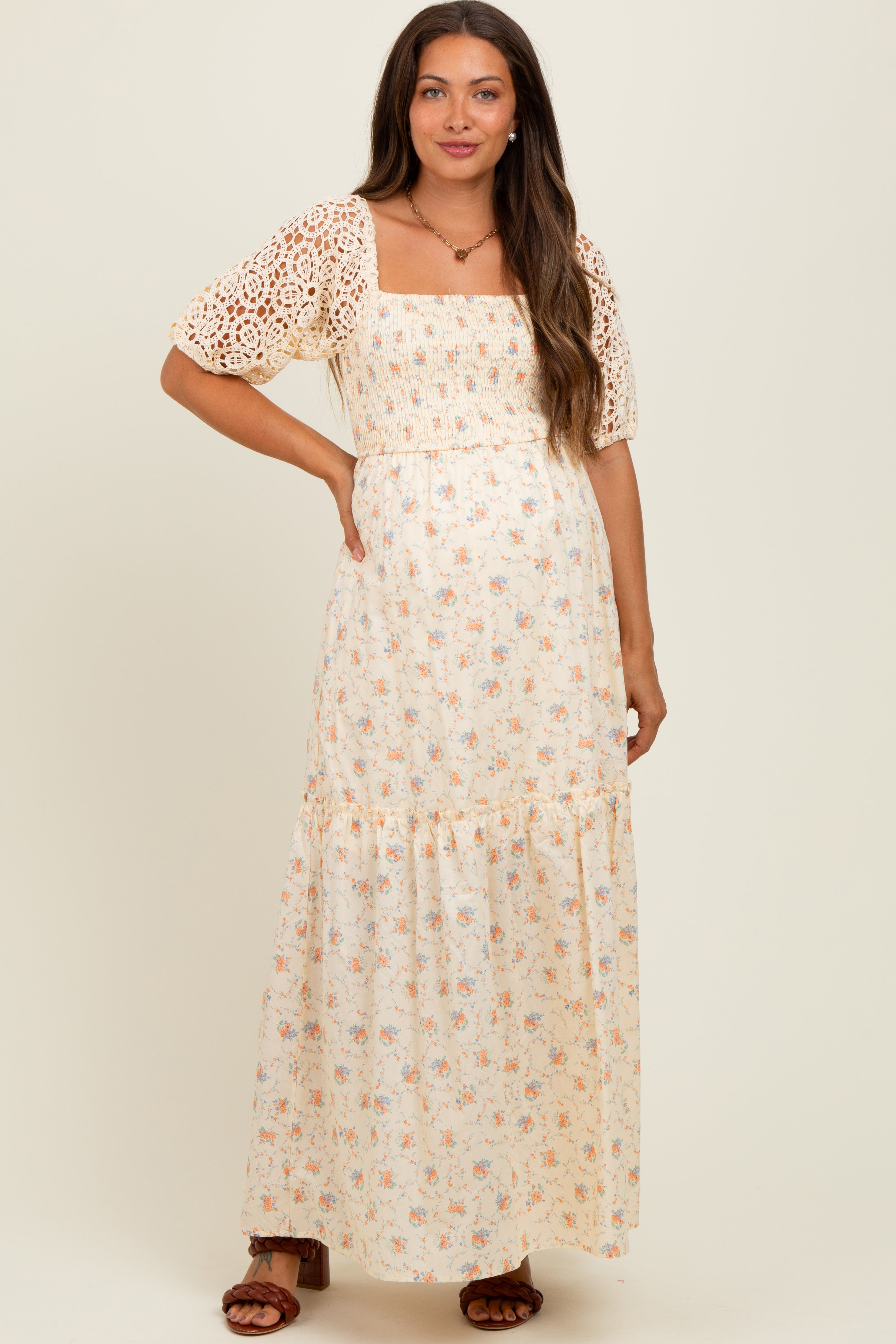 Beige Floral Print Smocked Crochet Tiered Maternity Maxi Dress for Pregnancy - Comfortable Summer Nursing Dress for Beach, Vacation & Photoshoots