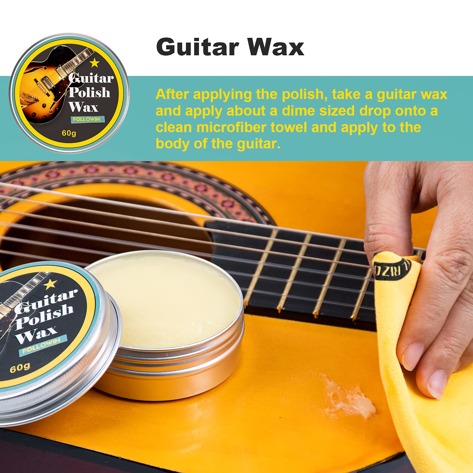 FOLLOWIN 7-Piece Guitar Cleaning & Maintenance Kit - Polish, Lemon Oil, String Cleaner, Lubricant, Wax, Winder & Microfiber Cloth - Perfect for Acoustic & Electric Guitar Care & Protection