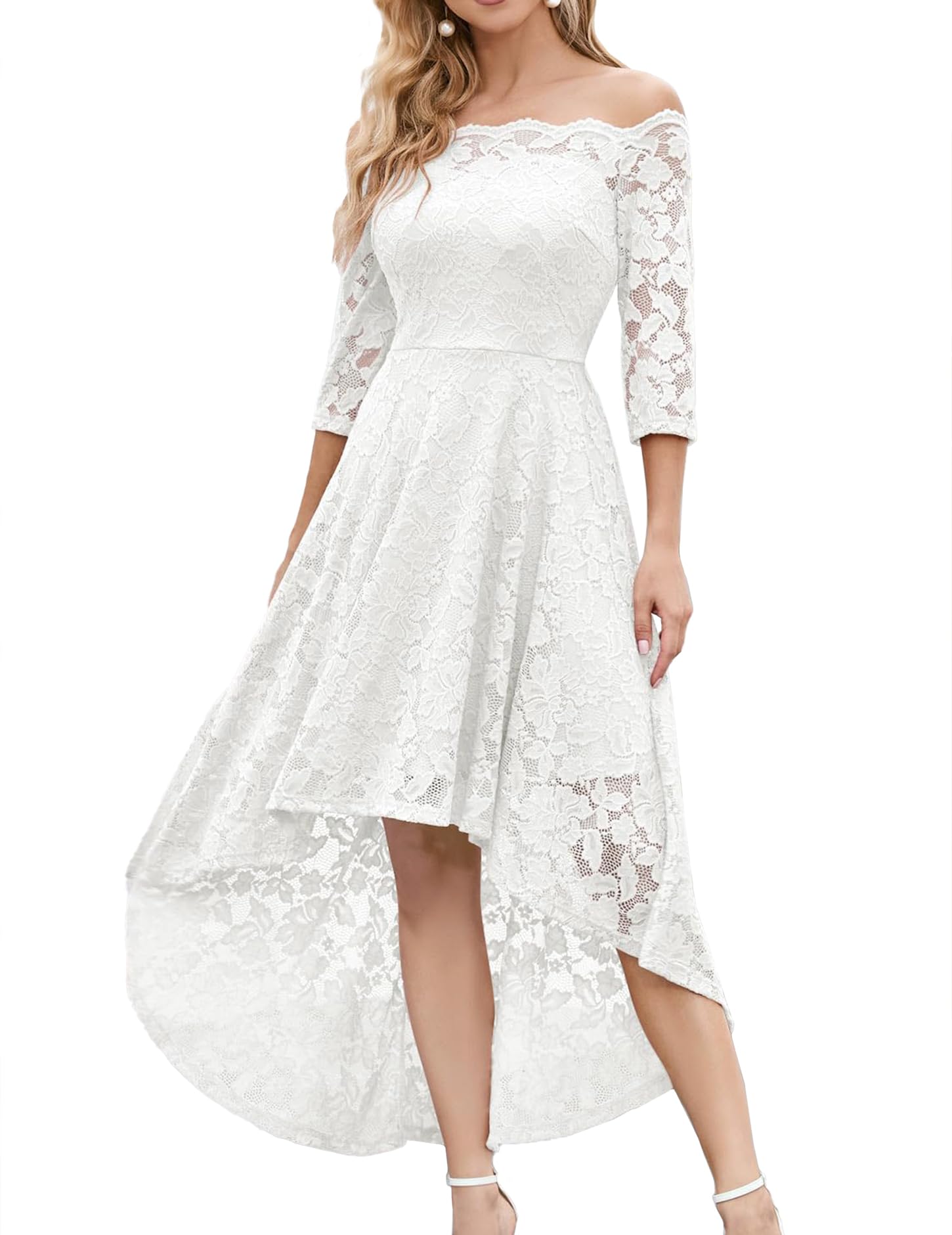 MUADRESS Women's Floral Lace Bridesmaid Party Dress - High Low Hem V-Neck Formal Wedding Guest Dress for Cocktail Parties, Evening Events & Special Occasions