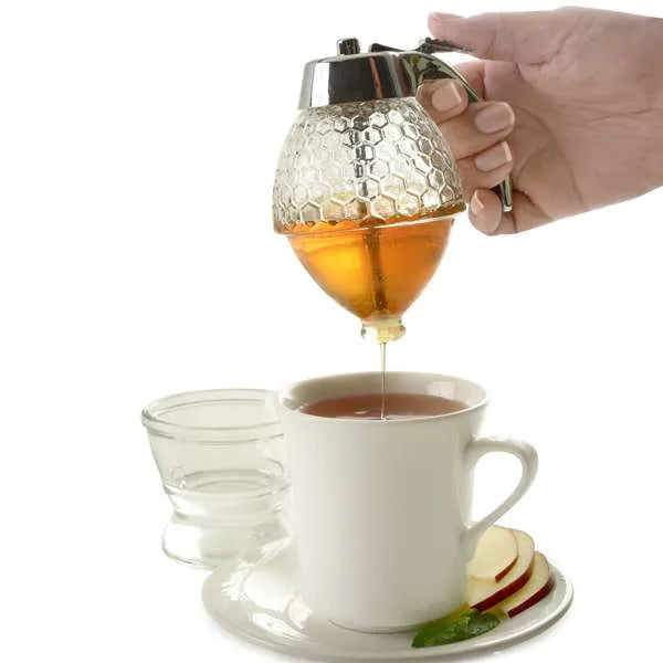 Premium Honey Dispenser with Drip-Free Spout - Perfect for Tea, Coffee, Baking & Breakfast - BPA-Free Glass Bottle with Wooden Stand