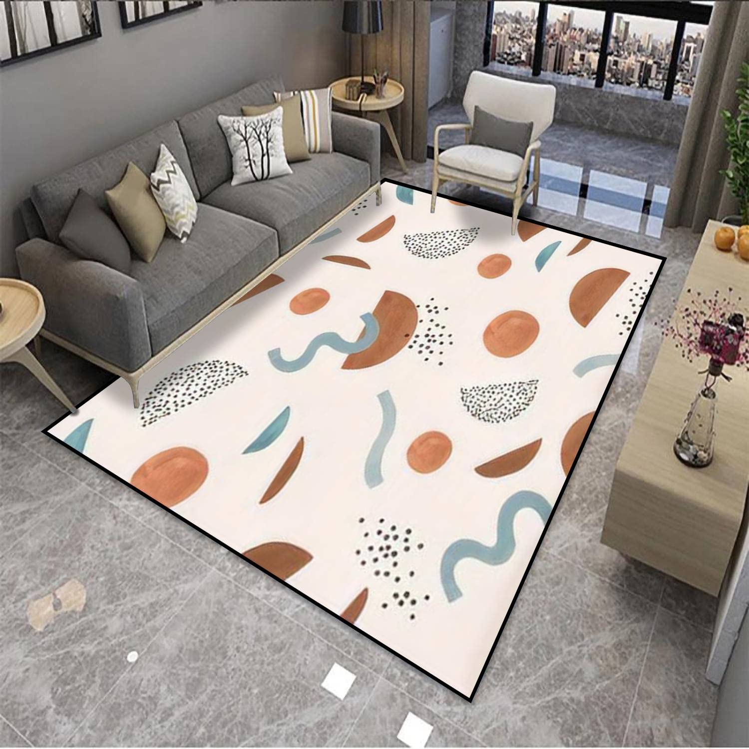 Abstract Geometric Area Rug - Non-Slip Soft Carpet with Watercolor Wave Circle Design for Living Room, Bedroom, Yoga Studio | Indoor Outdoor Floor Mat & Runner | Minimalist Home Decor