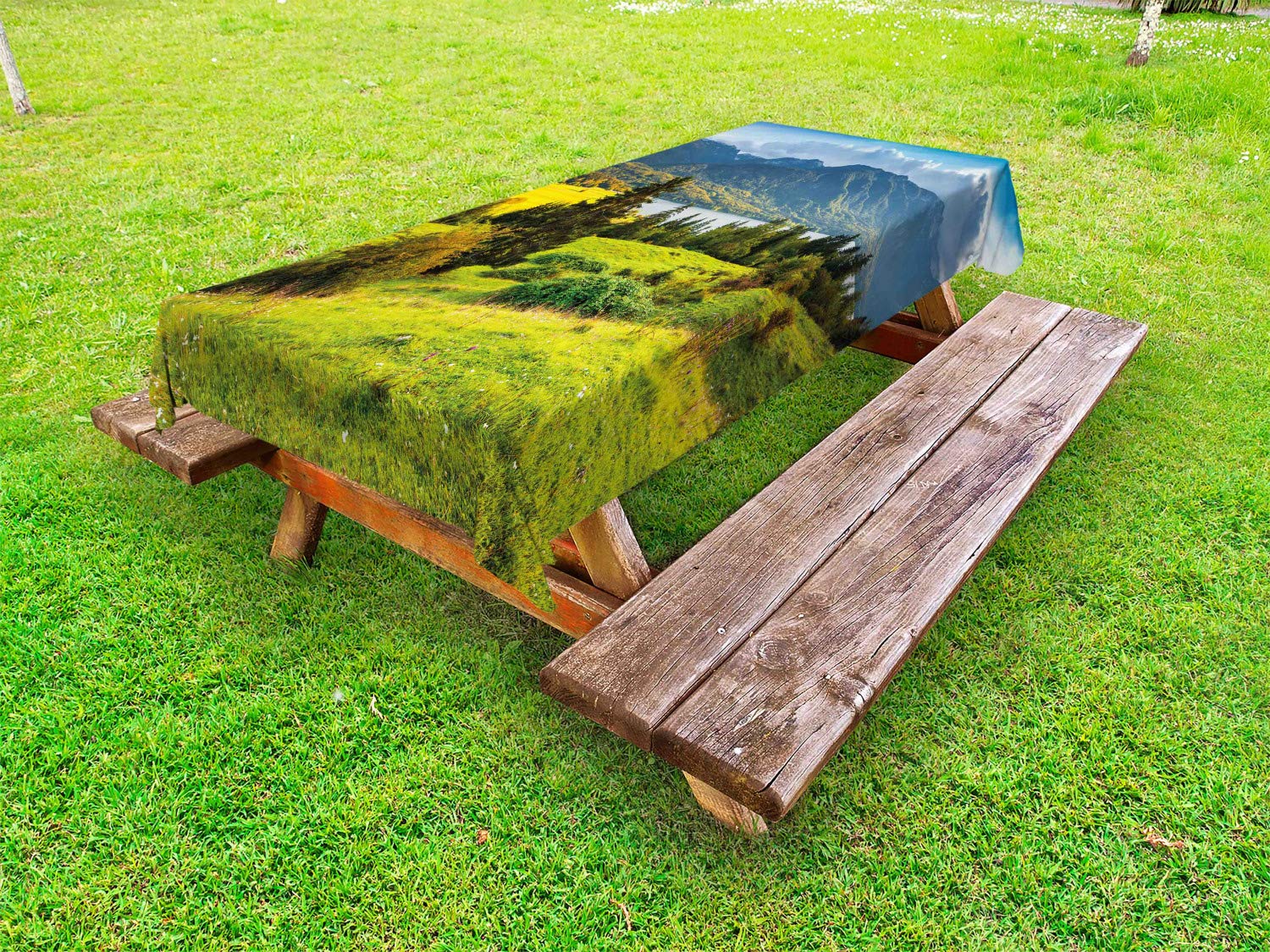 Ambesonne Waterproof Outdoor Tablecloth - Bohinj Lake Slovenia Landscape Design, 58x120 Inch Washable Picnic Table Cover for Patio, Garden & Camping | Green Blue Yellow Nature Theme | Perfect for BBQs, Parties & Outdoor Dining